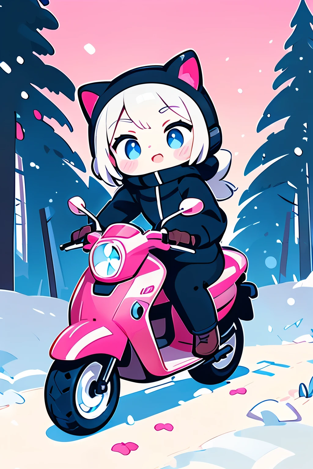 araffe riding a pink motorcycle on a snowy road with trees in the background, by mads berg, inspired by mads berg, riding, ( ( mads berg ) ), motorcycle, winter season, riding a motorcycle, wojtek fus, by Alexander Kucharsky, moped, detailed scene, alexey egorov, action shot girl in parka, by Henrik Weber