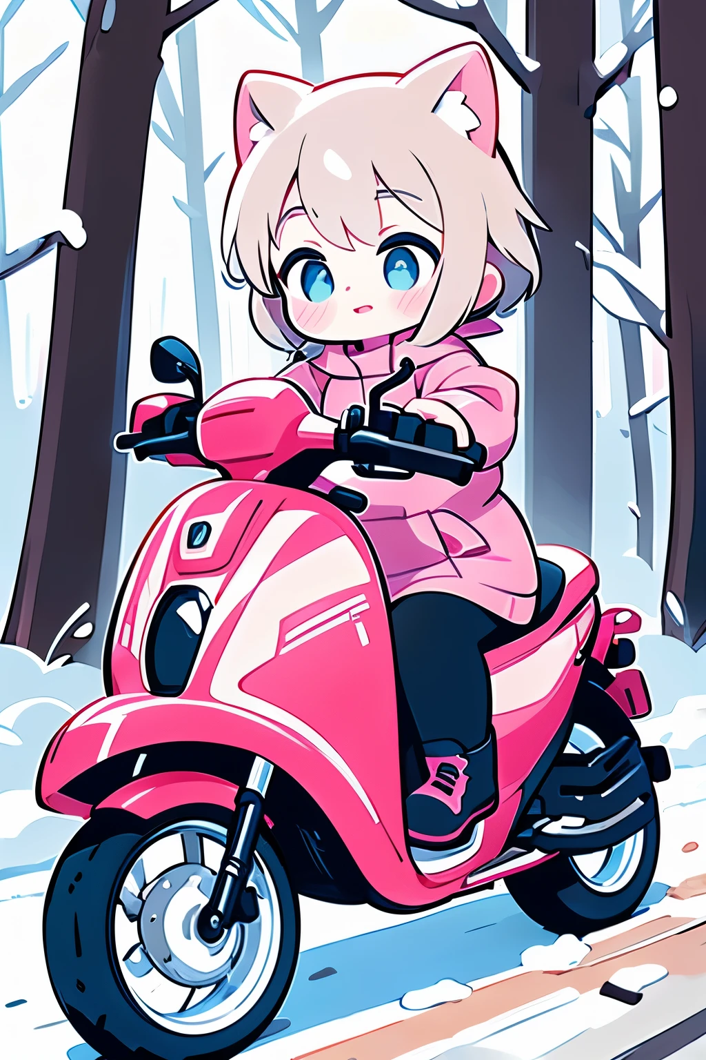 araffe riding a pink motorcycle on a snowy road with trees in the background, by mads berg, inspired by mads berg, riding, ( ( mads berg ) ), motorcycle, winter season, riding a motorcycle, wojtek fus, by Alexander Kucharsky, moped, detailed scene, alexey egorov, action shot girl in parka, by Henrik Weber