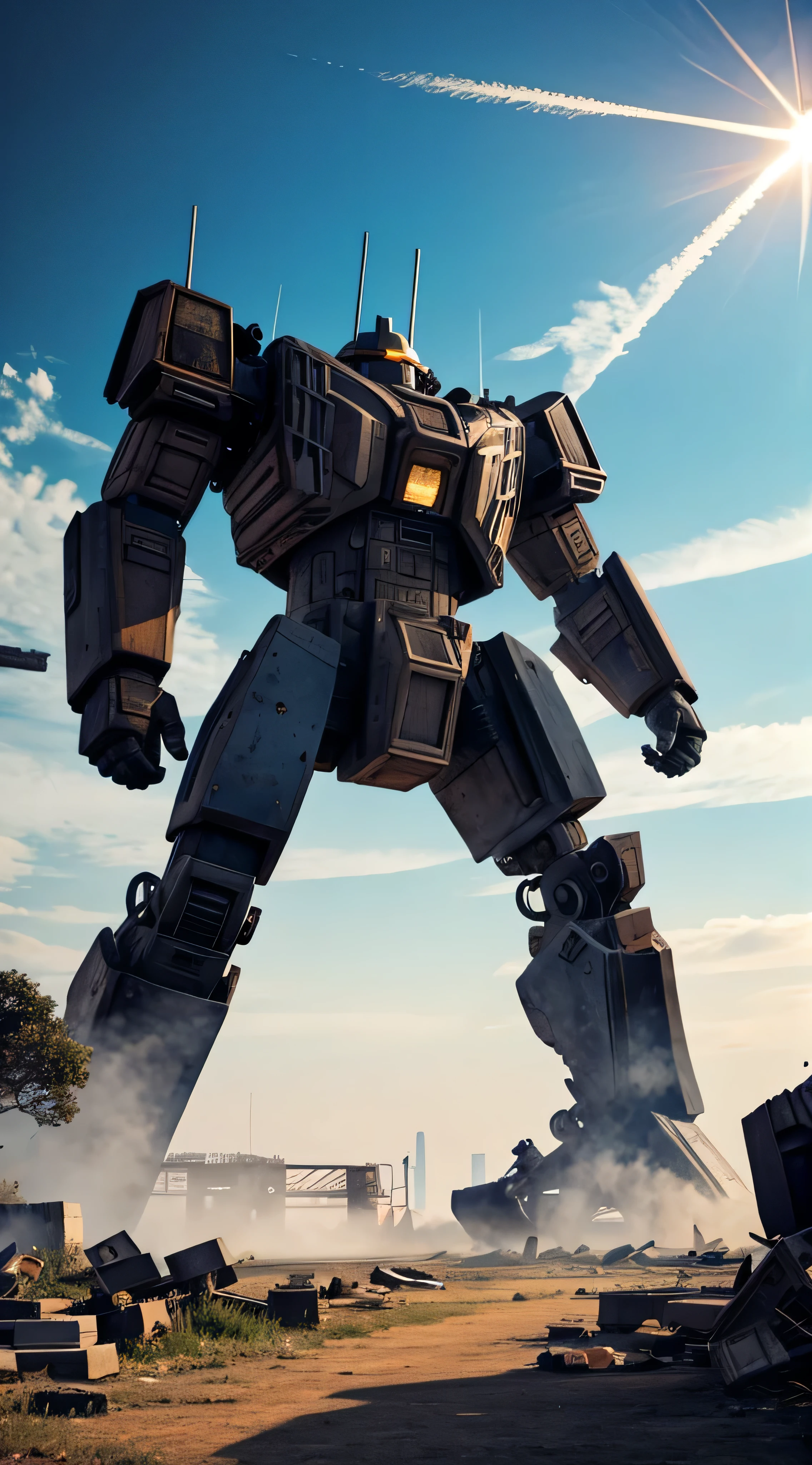 With high definition images，Ruined City, battlefield, Ruins, Gun smoke fills the air, Broken giant robot, Blue Sky, Colorful robots, Sparkle, Blue Skyと白い雲, From below, Wide Shot, Cinematic Lighting, Artistic, Ultra Wide Angle, Best Quality, 8k