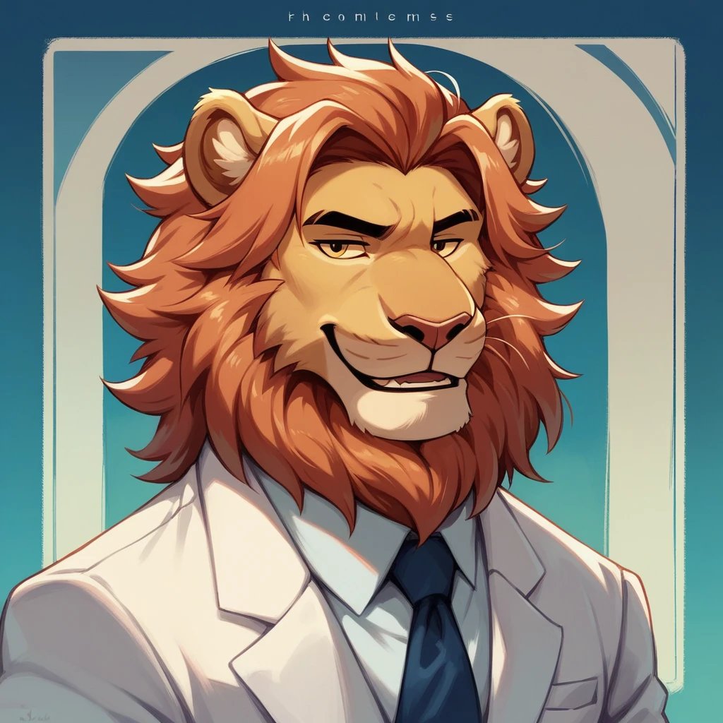 Portrait of a lion, wearing white suit, hairstyle Mane, Smiling, taken out on a poster, album musical de los 80's, Bad Boys Blue, half body angle shot, DETAILED, blue background, shiny background lines.