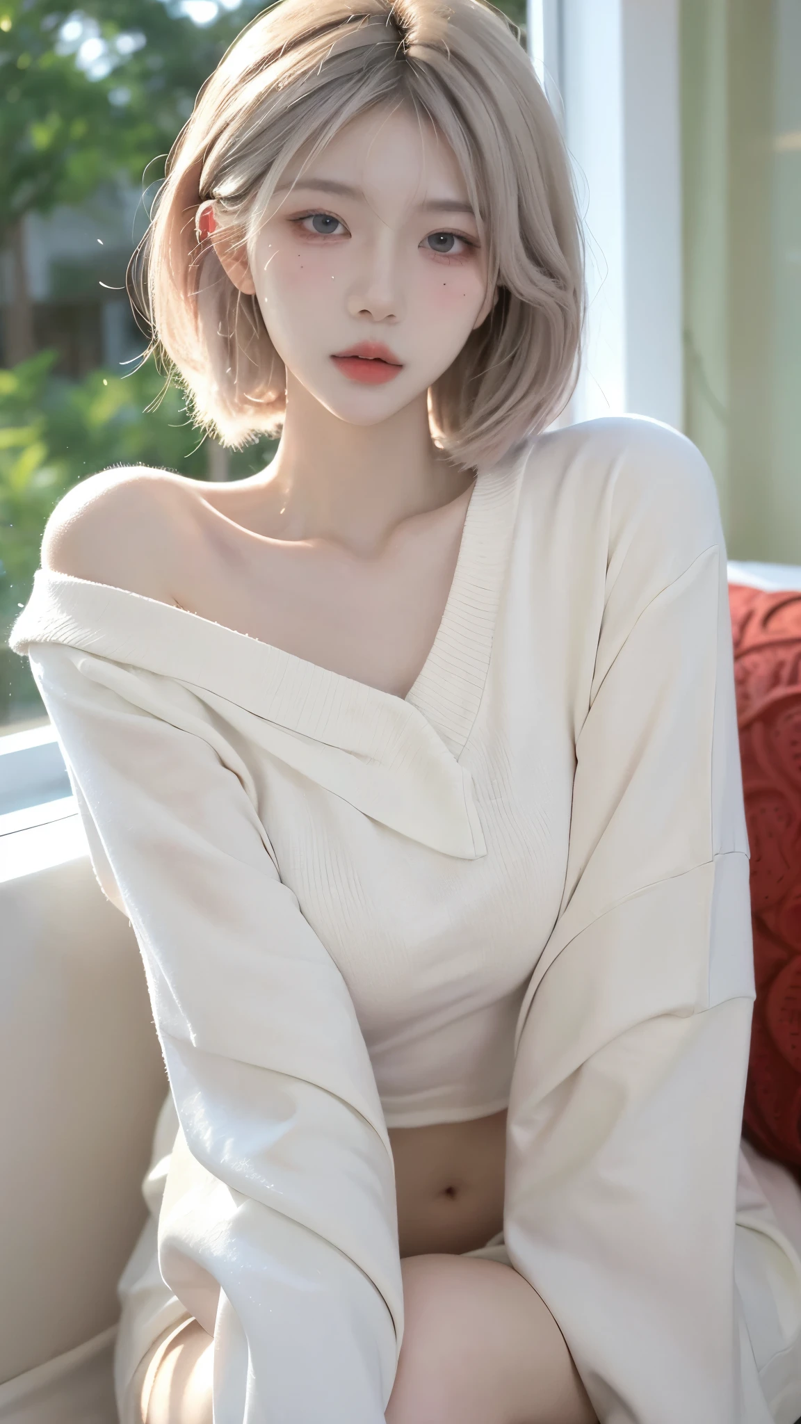 (Child face, virgin face,  Masterpiece, High resolution, 8k, 1 girl, ultra Detailed, Fine skin, white skin, Brighten the subject, cinematic lights, beautiful face, Detailed eyes, lip gloss), (((Detailed anatomy))), blonde hair, double buns hair, Silky straight hair, blunt bangs, Blue eyes, (slender body), (((Flat chested))), photography, (focus upper body), Sweet smile, looking at viewer, Wearing a white knit long sleeve, Wearing a white knit long sleeve, Bare neck, Bare pussy, Bare pussy, Blonde hair, double buns, Silky straight hair, blunt bangs, blunt bangs, seduction, sitting on bed, Spread up her legs wide, Spread up her legs wide, Spread up her legs wide, revealing her pussy, revealing her pussy,
