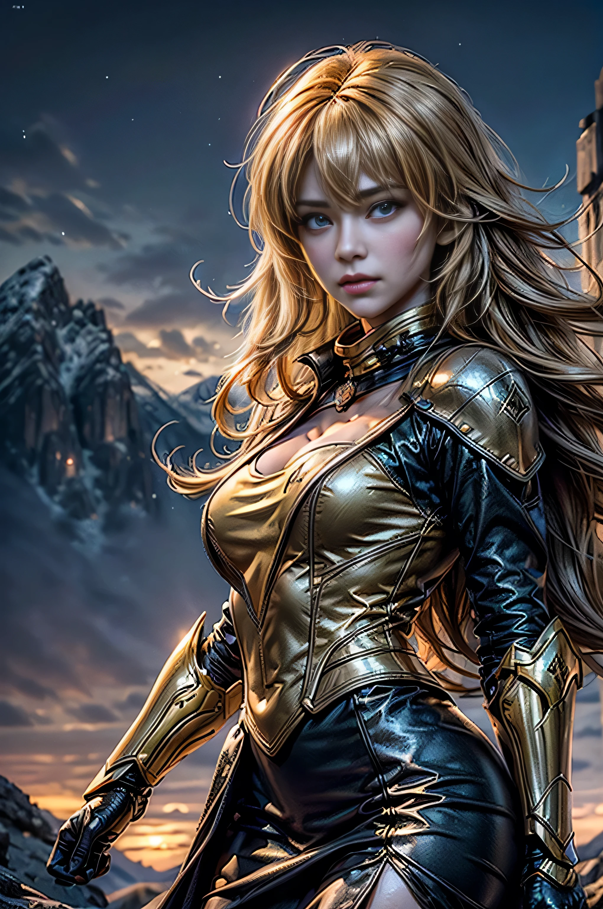 masterpiece,best quality,1girl,yang xiao long, very long hair, ahoge, purple eyes, wearing gold dress, large breasts, prosthetic arm, cowboy shot, night, stars, yang xiao long, standing on mountain path, overlooking river in far away valley, crowd, (crowd in military uniforms), bonfires masterpiece,stunning girlfriend, heart shaped face, elegant face, beautiful face, highly detailed face, highly detailed skin, skin pores, subsurface scattering, realistic pupils, looking at viewer, full lips, detailed background, depth of field, atmospheric perspective, volumetric lighting, sharp focus, absurdres, realistic proportions, good anatomy, (realistic, hyperrealistic:1.4), 16k hdr,