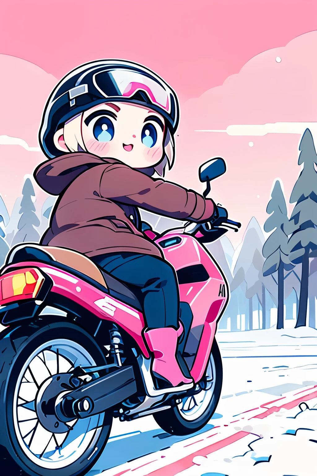 araffe riding a pink motorcycle on a snowy road with trees in the background, by mads berg, inspired by mads berg, riding, ( ( mads berg ) ), motorcycle, winter season, riding a motorcycle, wojtek fus, by Alexander Kucharsky, moped, detailed scene, alexey egorov, action shot girl in parka, by Henrik Weber