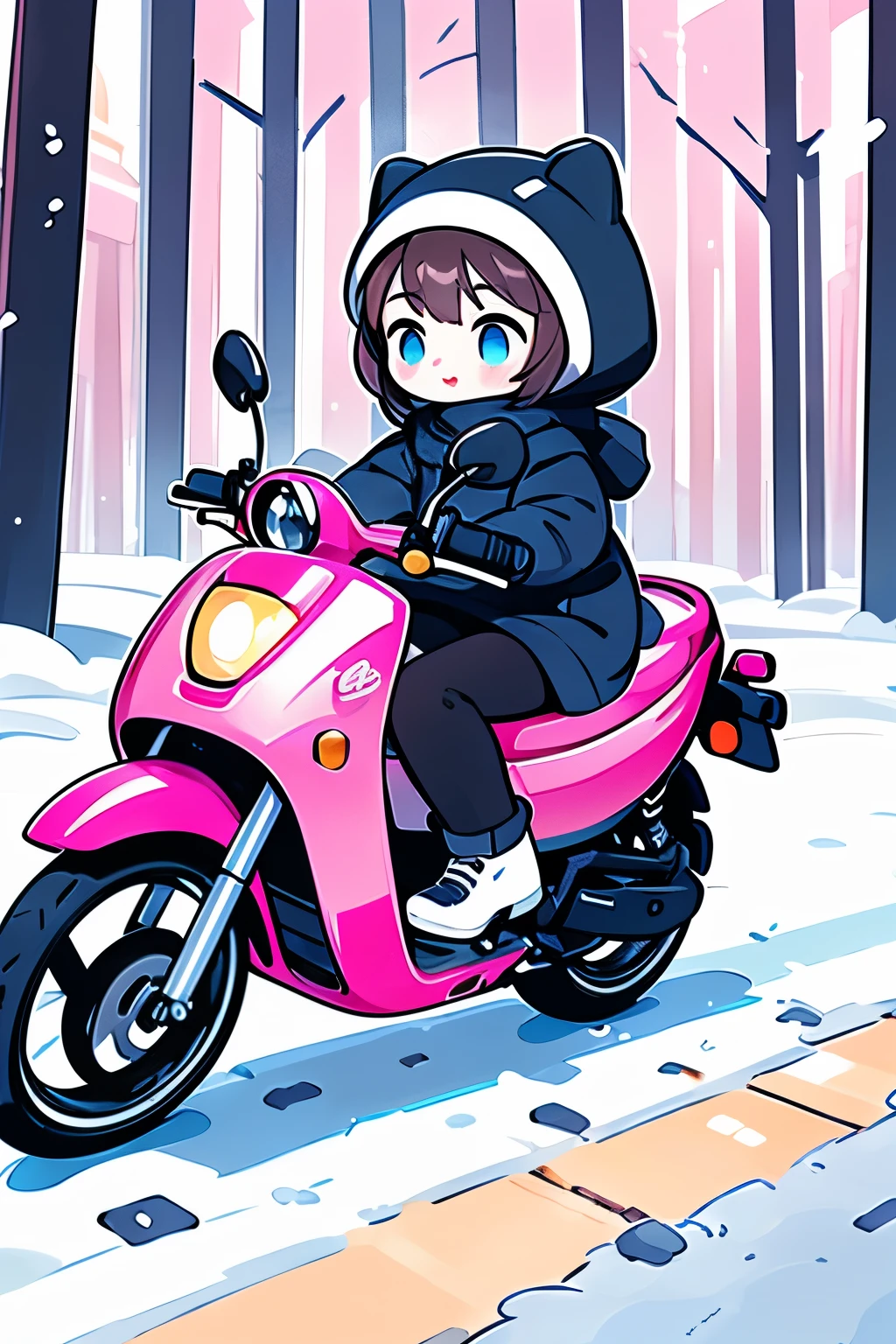 araffe riding a pink motorcycle on a snowy road with trees in the background, by mads berg, inspired by mads berg, riding, ( ( mads berg ) ), motorcycle, winter season, riding a motorcycle, wojtek fus, by Alexander Kucharsky, moped, detailed scene, alexey egorov, action shot girl in parka, by Henrik Weber