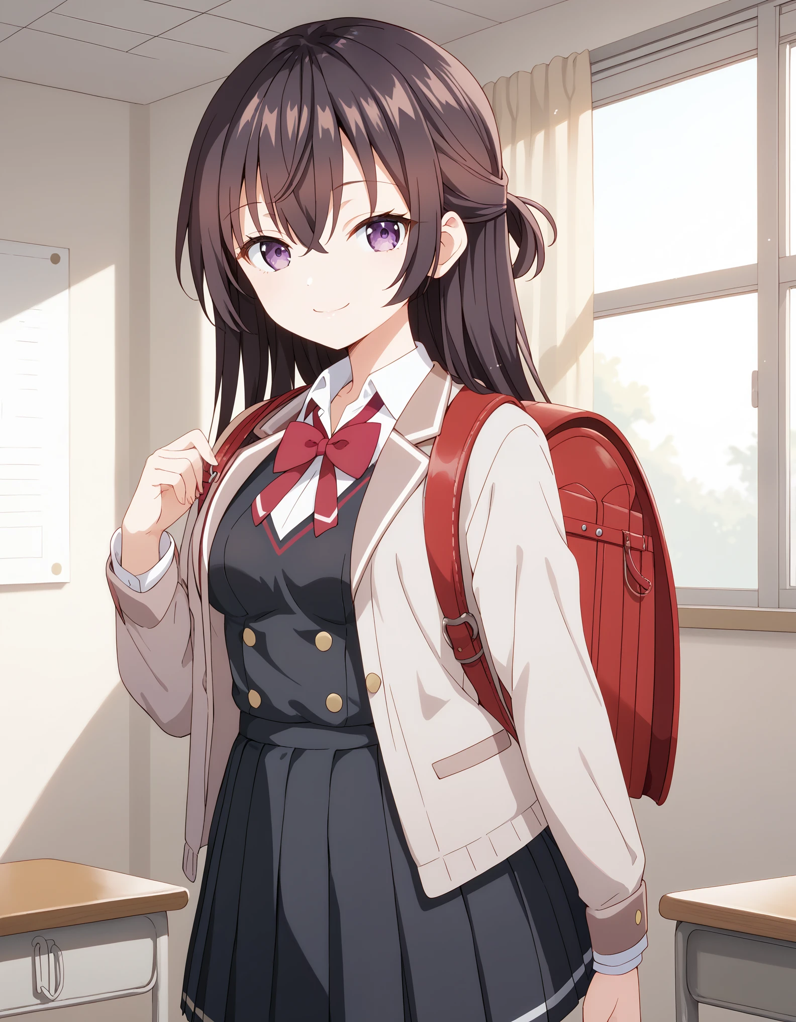 Masterpiece, hd, best quality, 1girl, yukisuou, long hair, bangs, brown hair, black hair, hair between eyes, purple eyes, half updo , medium breasts, shirt, bow, school uniform, jacket, closed jacket, white shirt, collared shirt,red bow tie, red bow, black vest,  jacket, red bow tie, black skirt, pleated skirt, standing, indoor, classroom, looking at viewer, undefined, alone, cowboy shot, wearing randoseru backpack, red backpack, smile