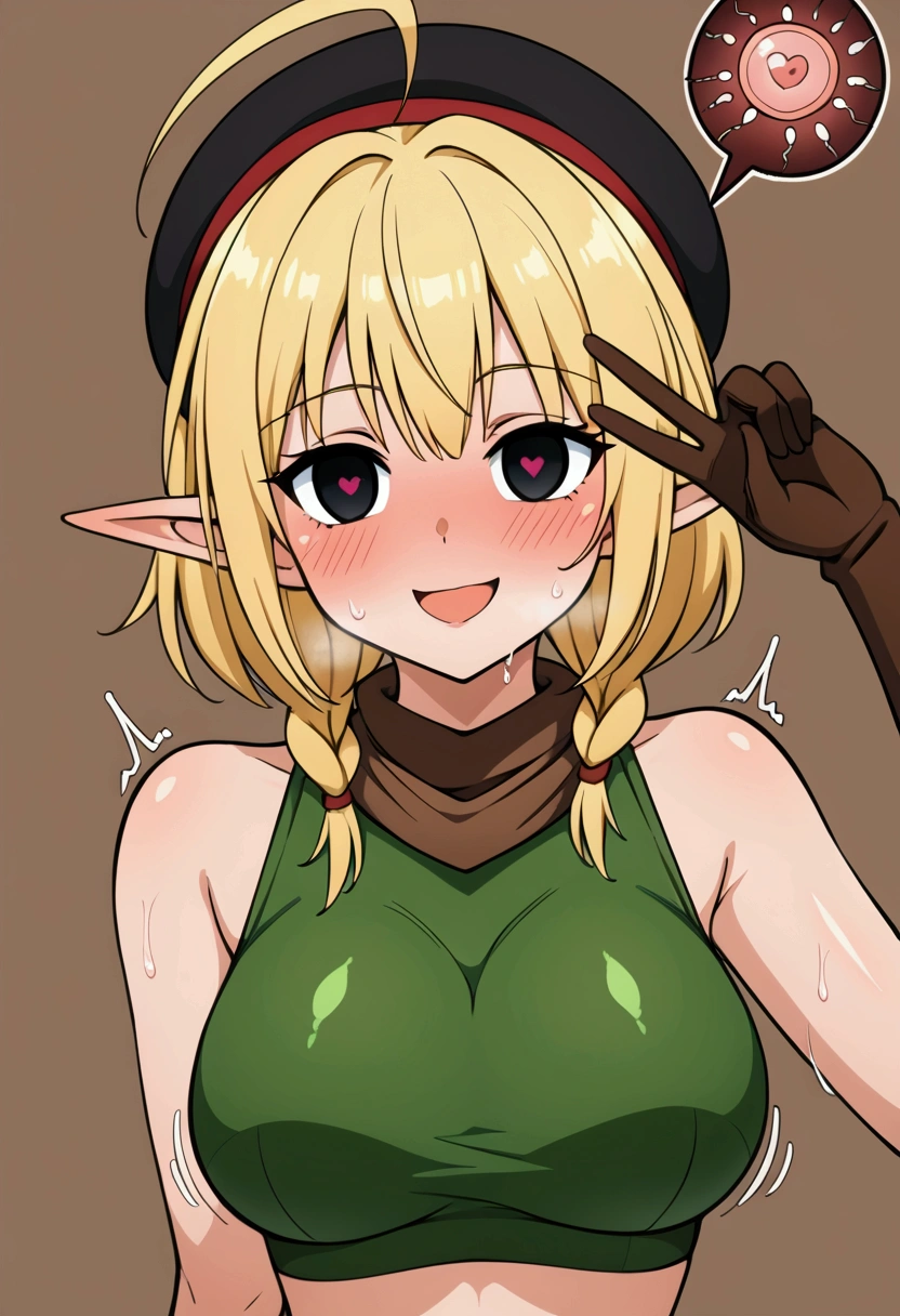 Parisian,1woman,elf,short hair,twin braids,Blonde,(slender),ahoge,empty eyes,black eyes、big breasts,tall,brown gloves,(small black beret)、Brown scarf、green crop top,sleeveless,impregnation, speed lines, trembling, motion lines, shaking, Heart Eyes,love,happy,steam,heavy breathing,sweaty body,looking at viewer,aroused、peace sign,Drunk