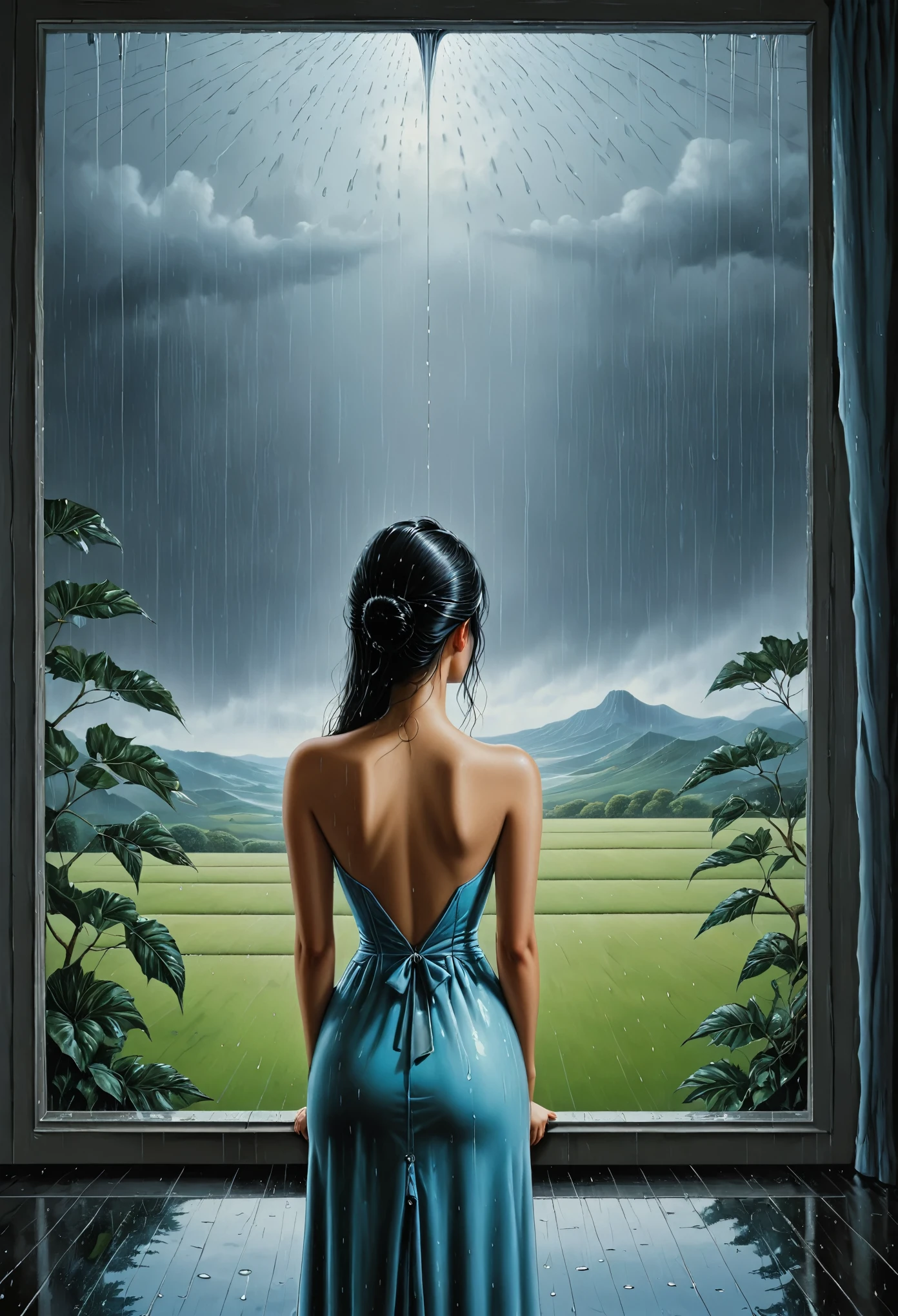 a lake, alone, sexy, night, rain (art inspired by Enki Bilal). oil painting)