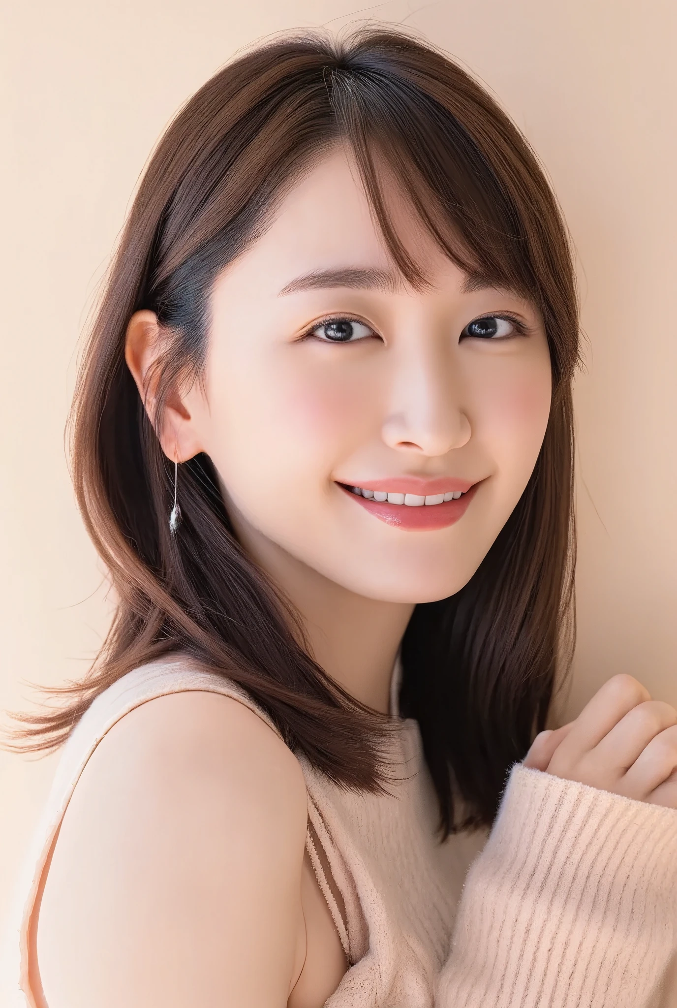 smile, (Best Quality:1.5), (Skin texture and pores:1.7), Sharp focus captures the entire face、Creates natural shadows on the cheeks and forehead, (HDR:1.4), Pores and fine skin details are realistically depicted.、Lighting enhances skin texture (Skin Detail:1.8), The lips have a slight sheen、The natural pink color creates an elegant reflection of light., The hair is realistically expressed.、The background is blurred, giving it a luxurious feel with studio lighting. (Background Blur:1.3)