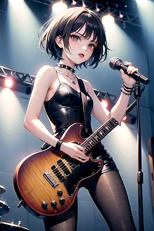 (((NSFW)))、((Masterpiece, Highest quality、Super detailed, Attention to detail))、Tabletop、girl、((high school girl、Black Hair、(Very Short Hair)、Slit eyes、Red Eyes、eight-headed body、Model-like style、Slender))、((((Completely naked))))、Silver earringultiple silver accessories、Silver Ring、Silver Ring、bandギャル、(((Red electric guitar)))、(((liveハウス、live、band、Dim lighting)))、(((Playing guitar)))、((live、Playing the guitar、On stage))、((No bra、No underwear))、(((Sweating a lot、Sweat dripping、Sweat vapor)))、(((Wet Hair)))、(((Body odor)))、((Sweaty smell))、((((Love juice overflows from the vagina))))、((Angle from below、I can see the vagina))、smile、(((Leg spread)))、(((tears、snot、Drooling)))、(((Dildo in vagina)))、(((Masturbation)))