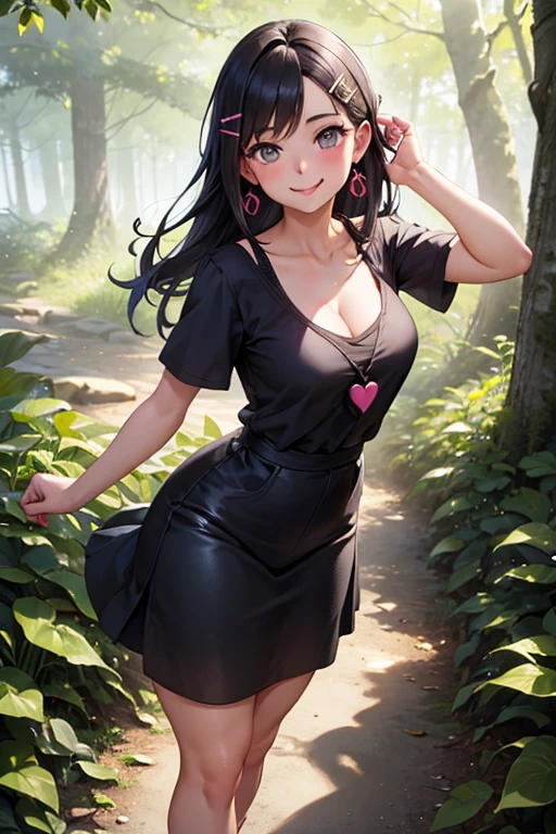 1 girl, tongue out, medium-large breasts, Heart earrings, blush, smile, happy, smile ligera, Keep with mouth, foreground, Hair clip, animated style, High resolution, necessary, anatomically correct, The best quality, High details, "Create a realistic animated image in style 2.5D of a girl walking through a forest from a second person perspective. The viewer sees her from behind at a slight angle., as if walking one step behind her. Lucy is a self-confident and mischievous young woman, with a sharp and playful expression. She has long, dark hair that flows with every step and wears casual, slightly messy clothing.. The forest that surrounds it is lush and with tall trees, Filtered sunlight and a soft dirt path underfoot. The scene must be animated and real, and combine realism with an aesthetic 2.5D stylish and vibrant."