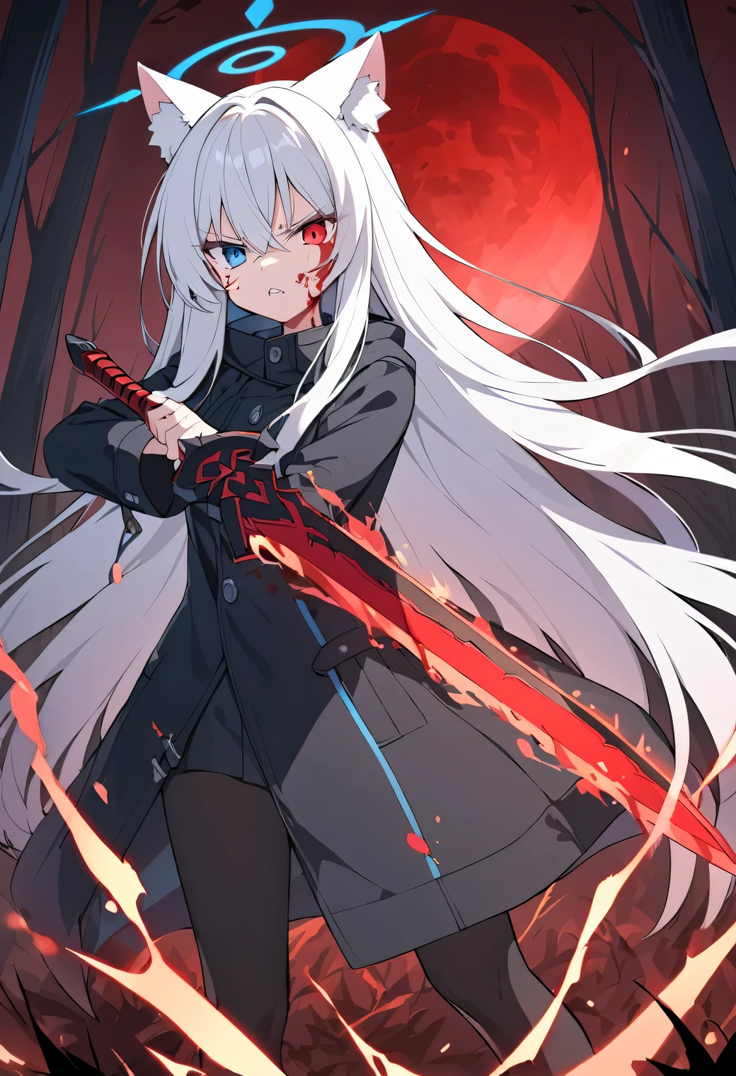 Blue Halo，White hair，Long hair，Cat ears，Heterochromia（Red and blue），Black coat，Red Moon，Black pantyhose，forest，Holding a red sword in both hands，Bare teeth，serious，Blood on face，combustion