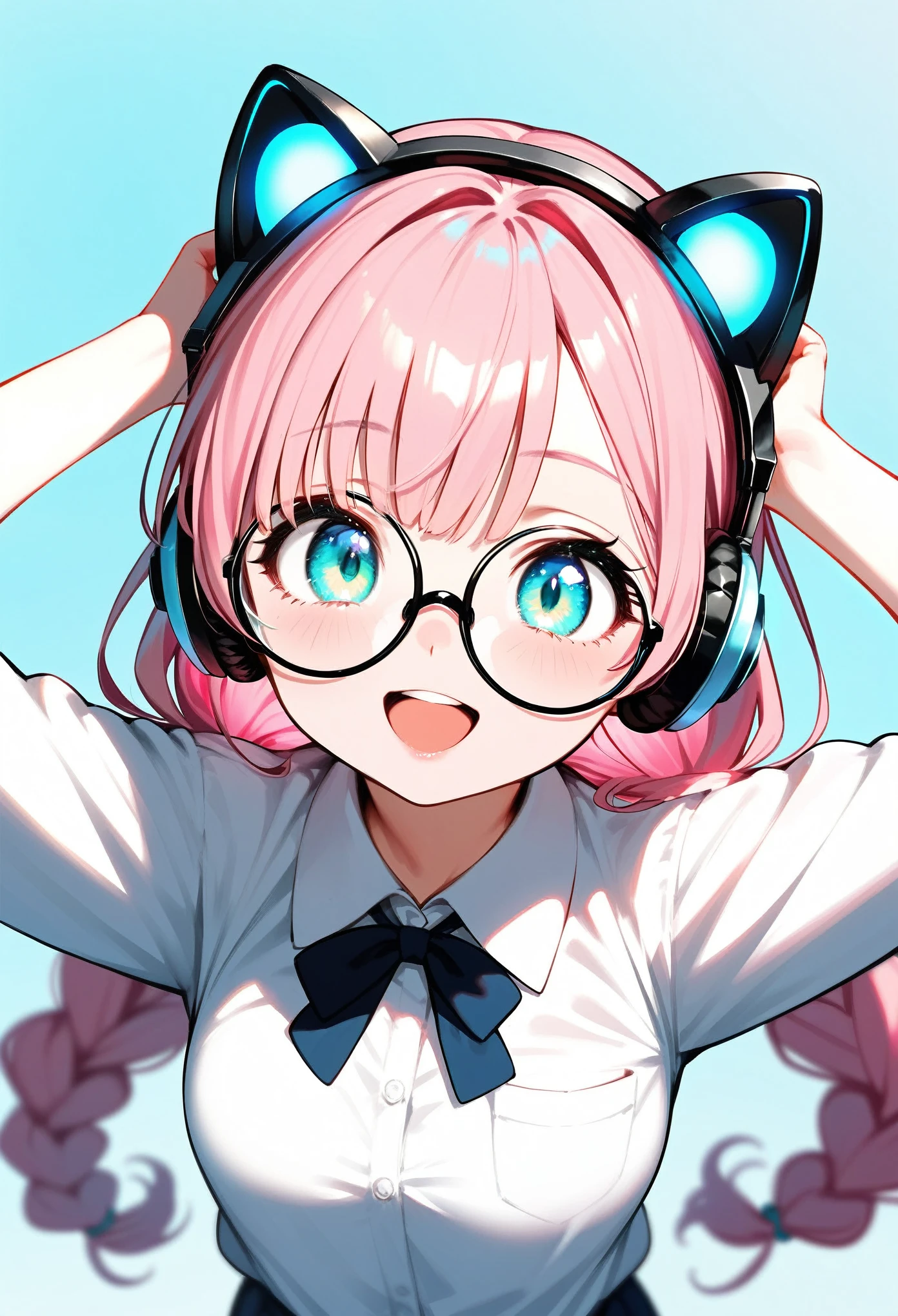  (best quality:1.2), (ultra-detailed:1.2), (2.5D:1.2), (Anime Moe Art Style), 1girl , pink hair,  Cyan eyes, gradient eyes, twin braids, blue Glowing cat ear headphones, black round glasses, collared shirt, smile beam, open mouth, simple background, pastel blue background, face focus, from above, cowboy shot, arms raised in the air,  top margin