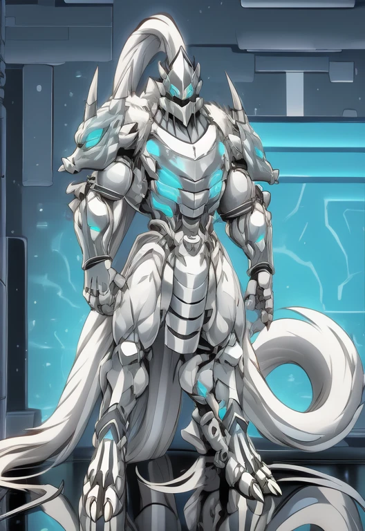 Platinum_Dragon_Lord_Armor, solo, anthro, mammal, nude, male, simple background, glowing eyes, dragon, grey body, blue eyes, fur, glowing, hi res, detailed background, muscle, abs, helmet only, toe claws, full body, underwear, bulge, (pauldron), 1 tail, inside, room 