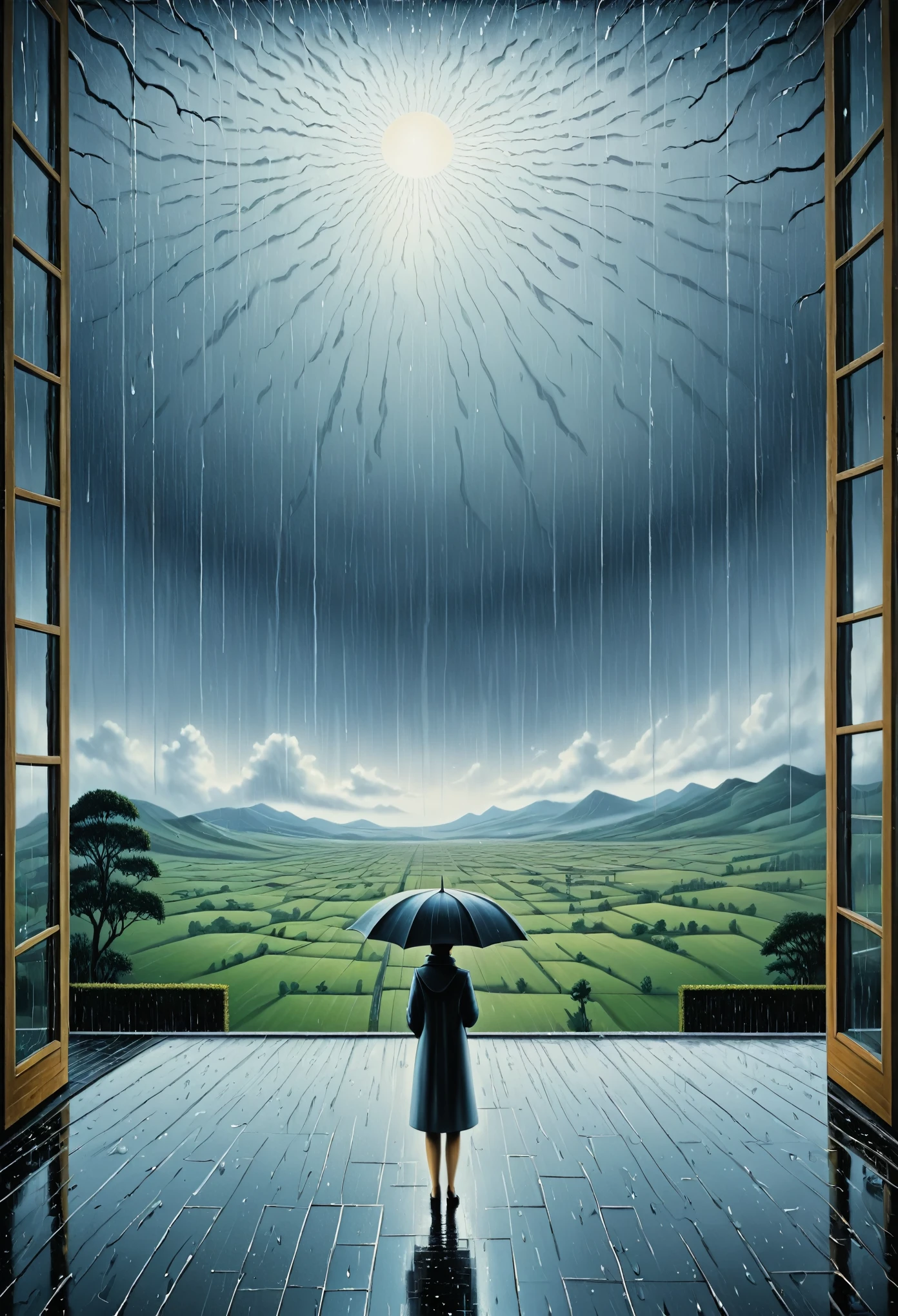 person watching trought the windown the rain - - surrealist style, surrealist artwrok, dream like, highly detailed, masterpiece, painting-like, HD