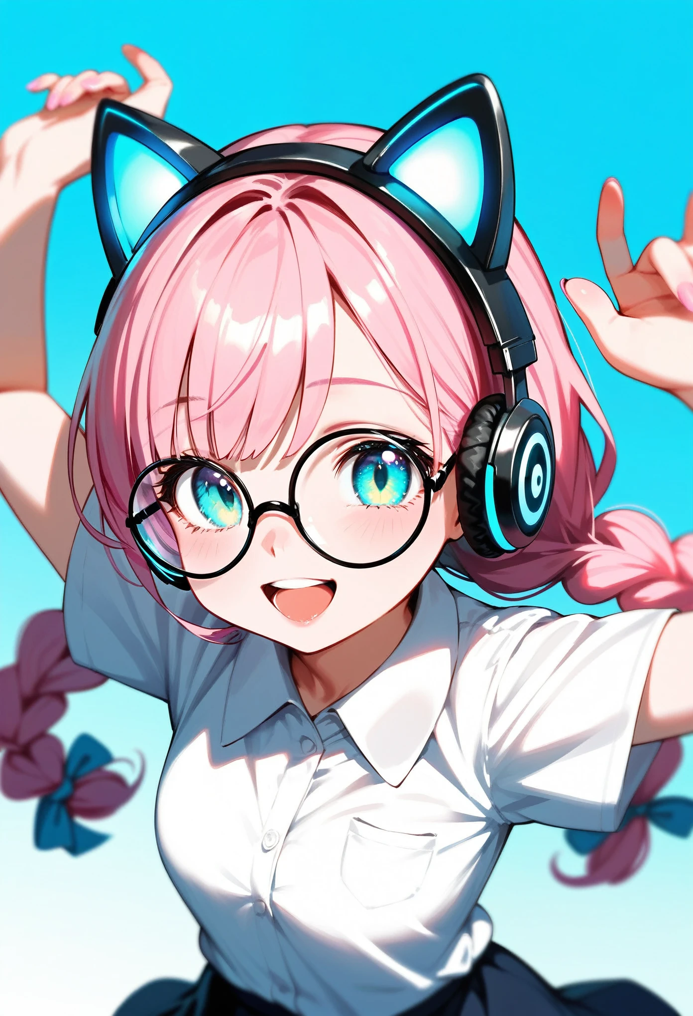  (best quality:1.2), (ultra-detailed:1.2), (2.5D:1.2), (Anime Moe Art Style), 1girl , pink hair,  Cyan eyes, gradient eyes, twin braids, blue Glowing cat ear headphones, black round glasses, collared shirt, smile beam, open mouth, simple background, pastel blue background, face focus, from above, cowboy shot, arms raised in the air,  top margin