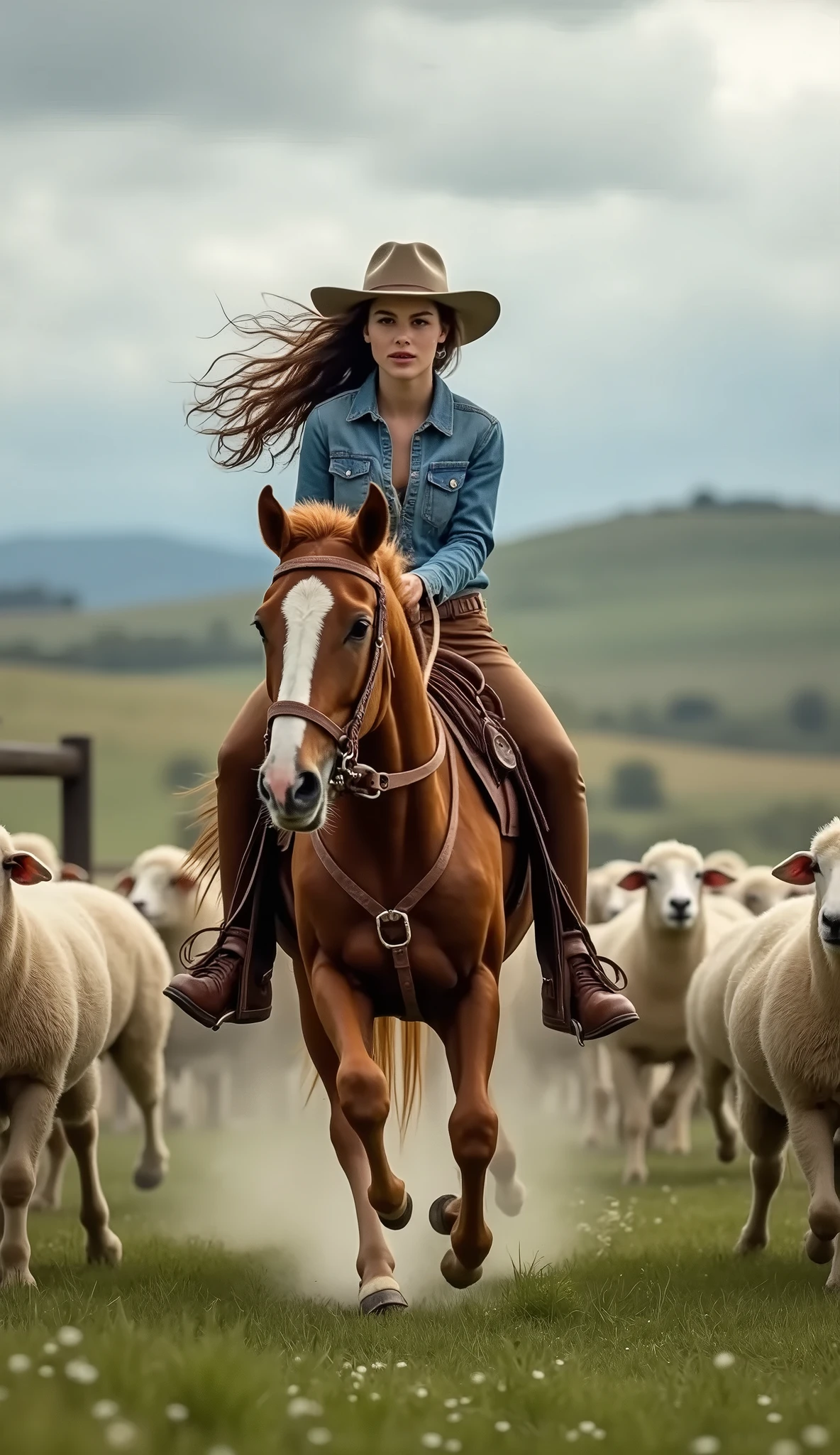 Woman riding a horse with a herd of sheep behind her - SeaArt AI