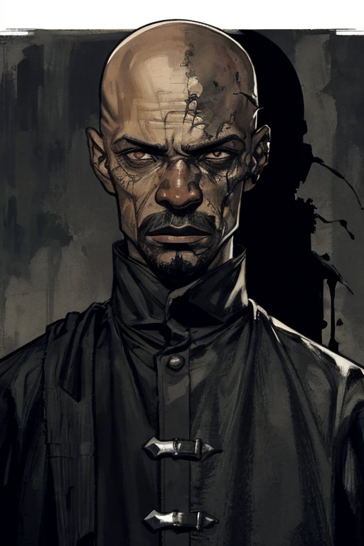 "Black bald male with a somber expression and the left half of his face is rotten flesh, dressed in all black assassin gear. The scene is gritty, comic, and eerie. The artwork is a masterpiece with the best quality, emphasizing the dark and twisted nature of the character."