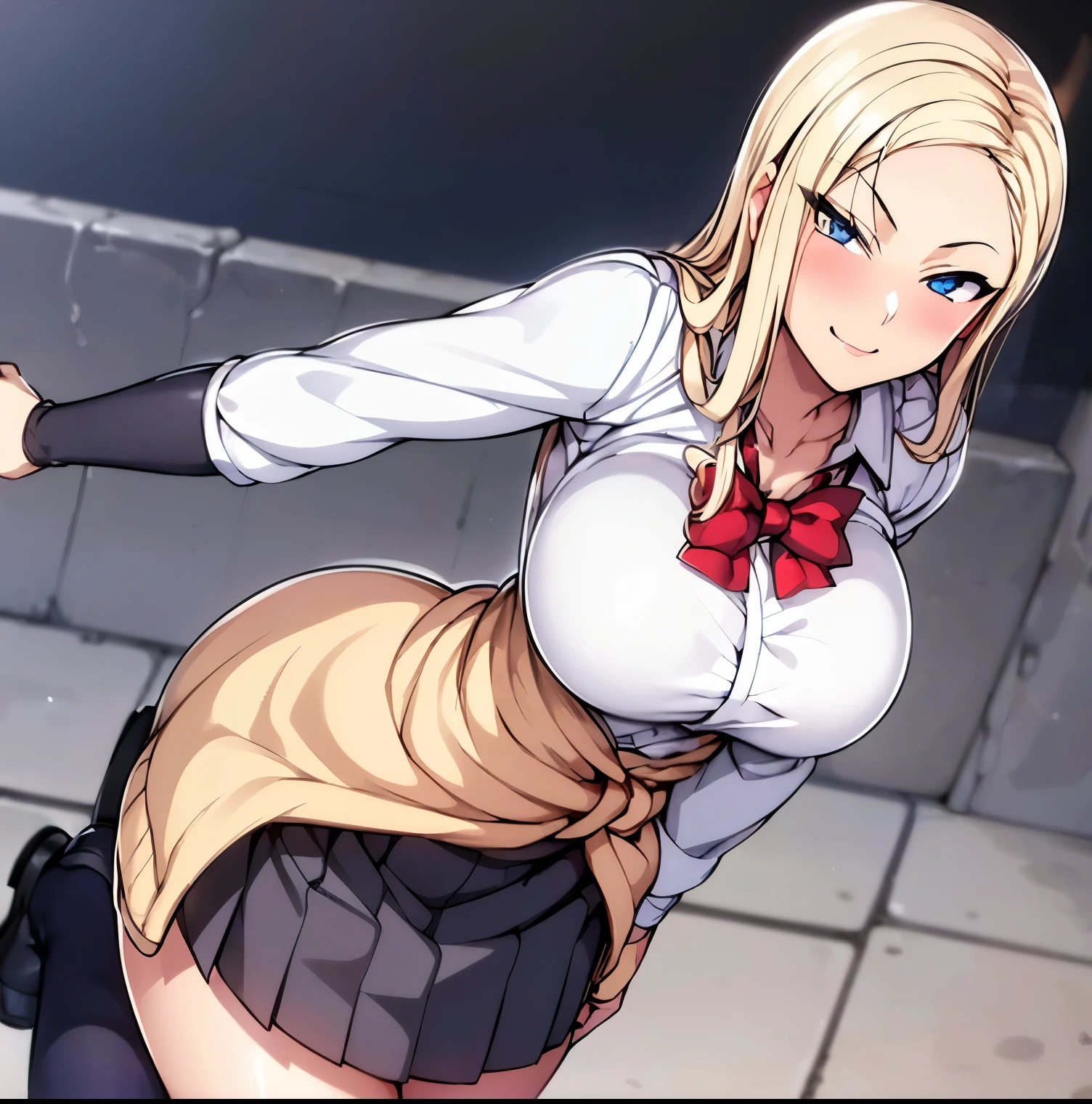 ((1 girl)), ((alone)), queen kurashiki, (masterpiece), (best quality), (ultra detailed), (best illustration), (best shadow), (absurdities), sharp focus, shot cowboy, dynamic pose looking at viewer, big breasts, narrow waist, wide hips, wide thighs, round butt, dynamic posture, ((light blonde hair)), long hair, ((blue eyes)), ((white shirt)) , red bow, ((rolled up sleeves)), ((beige sweater around waist)), pleated skirt, ((black skirt)), short skirt, ((black calf-high socks)), brown loafers, smiling, playful look, seductive smile, closed mouth, seductive expression, (sexy pose: 1.2), ((solo)), standing: 1.3, ((outdoor, night, cityscape, city, streets, city lights)), looking facing forward, ((focus on breasts)), point of view (from above), red blush, perfect anatomy, perfect hands