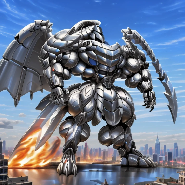 (GIANT mechanical Aggron rampage through a city, crushing buildings beneath their unstoppable metal frames), (official art, 
best quality, highly detailed) (terrifying and imposing design, 
smoke and flames rising from the destruction in the background, a lone figure)
(high-tech bio-mecha armor, metallic, real texture material) (Aggron, 8K), (gigantic muscles, Gigachad Muscular, big muscle, pecs, triceps, traps, unusually developed muscular body, body full of huge muscles. showing off muscles, pectorales enormes, Exaggeratedly huge muscles.),(Spread wings, It has wings, have big wings, golden wings), (whole body shines like metal, Wearing cyberpunk mecha, emphasizes the muscles, suit fully made of metal, intricate armor, Robotic suit, suit fully made of metal, cyborg), (giant Aggron, Aggron's giant robot, Powered exoskeleton with the same design as Aggron), (Masterpiece, highres) (Detailed head, Detailed Body, Detailed abs, full body), (black color hyper penis, hyper black penis), Fight against humanity.(body promoted, seen interacting with its surroundings, as large as a building, in the middle of a city, macro, (Low-angle perspective, emphasizing the immense size))