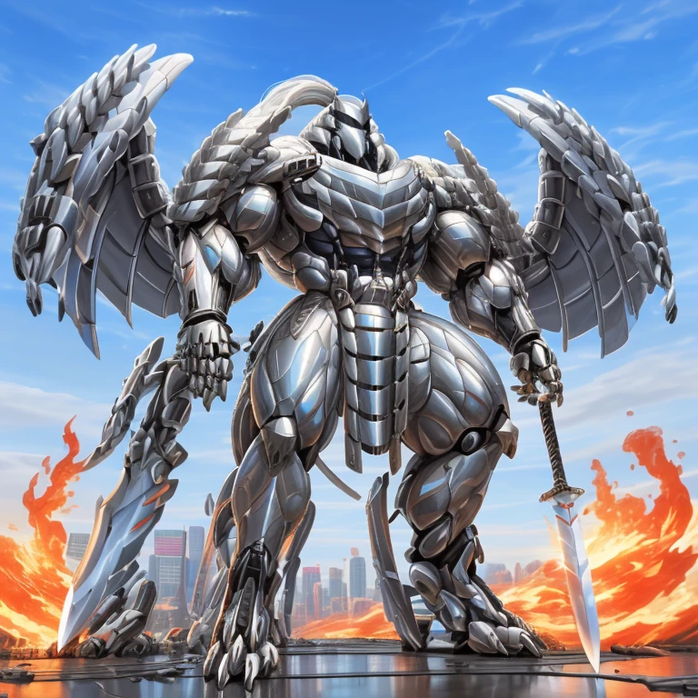 (masterpiece. official art. 8k. best quality. detailed full body. full body.)

(situation 1 : dominating Silver Samurai. Silver Samurai is over 1000 meters long. focus GIANT mechanical Muscular Silver Samurai is trampling the city. Looking down. macro. stomp. Low-angle perspective. emphasizing the immense size.)

(situation 2 :smoke and flames rising from the destruction in the city)

(Additional details 1: wearing a full-face helmet. high-tech bio-mecha armor. real texture material. whole body shines like metal. Wearing cyberpunk mecha. emphasizes the muscles. suit fully made of metal. intricate armor. Robotic suit. suit fully made of metal. cyborg. Powered exoskeleton with the same design as Silver Samurai).

(Additional details 2: (Detailed head. Detailed Body. Detailed abs. gigantic muscles. HYPER MUSCLES. Gigachad Muscular. big muscle. pecs. triceps. traps. unusually developed muscular body. body full of huge muscles. showing off muscles. pectorales enormes. Exaggeratedly huge muscles. huge muscles. long legs.).

(Additional details 3: Spread wings. It has wings. have big wings. The claws are sharp. Sharp teeth. 5 toes.).

(Additional details 4: SILVER color hyper penis. hyper SILVER penis. big penis)

(Additional details 5: melee weapon, weapon, armor, plate armor, sword, floating weapon, anthro, knight, clothing, helmet, detailed background, white fur, claws,)

(Silver Samurai, full armor, cyborg, science fiction, combat helmet)