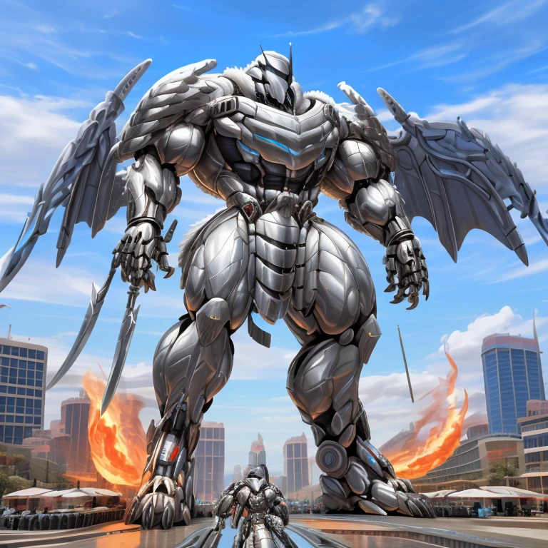 (masterpiece. official art. 8k. best quality. detailed full body. full body.)

(situation 1 : dominating Silver Samurai. Silver Samurai is over 1000 meters long. focus GIANT mechanical Muscular Silver Samurai is trampling the city. Looking down. macro. stomp. Low-angle perspective. emphasizing the immense size.)

(situation 2 :smoke and flames rising from the destruction in the city)

(Additional details 1: wearing a full-face helmet. high-tech bio-mecha armor. real texture material. whole body shines like metal. Wearing cyberpunk mecha. emphasizes the muscles. suit fully made of metal. intricate armor. Robotic suit. suit fully made of metal. cyborg. Powered exoskeleton with the same design as Silver Samurai).

(Additional details 2: (Detailed head. Detailed Body. Detailed abs. gigantic muscles. HYPER MUSCLES. Gigachad Muscular. big muscle. pecs. triceps. traps. unusually developed muscular body. body full of huge muscles. showing off muscles. pectorales enormes. Exaggeratedly huge muscles. huge muscles. long legs.).

(Additional details 3: Spread wings. It has wings. have big wings. The claws are sharp. Sharp teeth. 5 toes.).

(Additional details 4: SILVER color hyper penis. hyper SILVER penis. big penis)

(Additional details 5: melee weapon, weapon, armor, plate armor, sword, floating weapon, anthro, knight, clothing, helmet, detailed background, white fur, claws,)

(Silver Samurai, full armor, cyborg, science fiction, combat helmet)