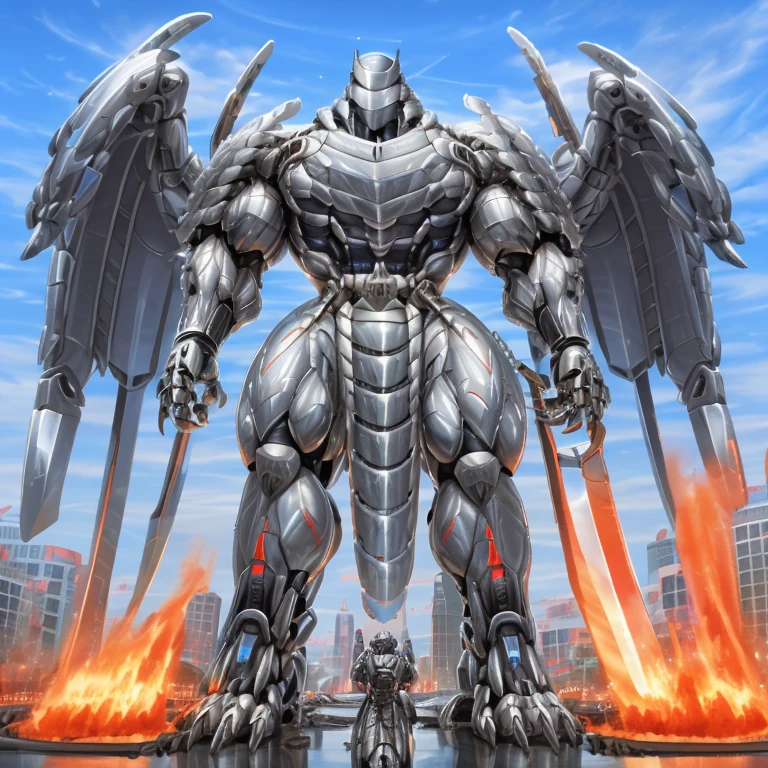 (masterpiece. official art. 8k. best quality. detailed full body. full body.)

(situation 1 : dominating Silver Samurai. Silver Samurai is over 1000 meters long. focus GIANT mechanical Muscular Silver Samurai is trampling the city. Looking down. macro. stomp. Low-angle perspective. emphasizing the immense size.)

(situation 2 :smoke and flames rising from the destruction in the city)

(Additional details 1: wearing a full-face helmet. high-tech bio-mecha armor. real texture material. whole body shines like metal. Wearing cyberpunk mecha. emphasizes the muscles. suit fully made of metal. intricate armor. Robotic suit. suit fully made of metal. cyborg. Powered exoskeleton with the same design as Silver Samurai).

(Additional details 2: (Detailed head. Detailed Body. Detailed abs. gigantic muscles. HYPER MUSCLES. Gigachad Muscular. big muscle. pecs. triceps. traps. unusually developed muscular body. body full of huge muscles. showing off muscles. pectorales enormes. Exaggeratedly huge muscles. huge muscles. long legs.).

(Additional details 3: Spread wings. It has wings. have big wings. The claws are sharp. Sharp teeth. 5 toes.).

(Additional details 4: SILVER color hyper penis. hyper SILVER penis. big penis)

(Additional details 5: melee weapon, weapon, armor, plate armor, sword, floating weapon, anthro, knight, clothing, helmet, detailed background, white fur, claws,)

(Silver Samurai, full armor, cyborg, science fiction, combat helmet)