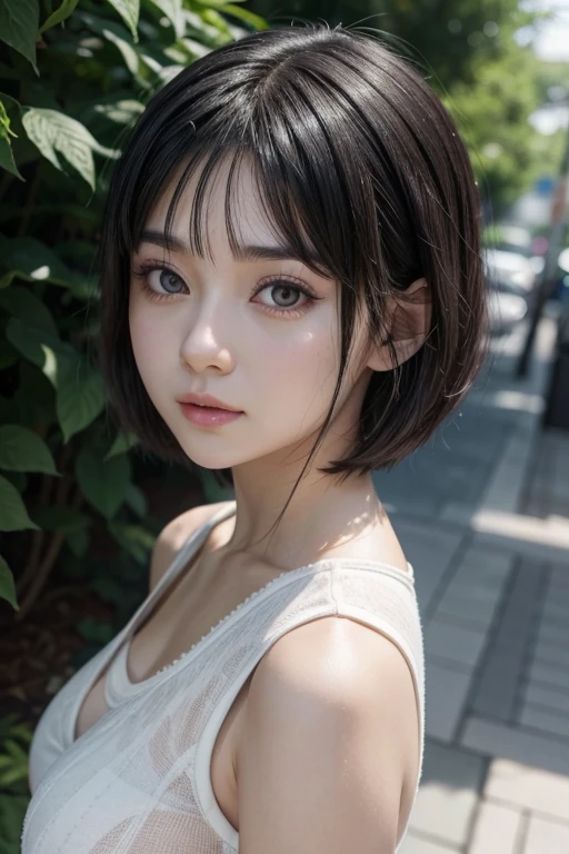 Alafed asian woman with short black hair and black tank top, With short hair, Beautiful Asian Girl, the face of a beautiful Japanese girl, anime thai girl, young cute wan asian face, girl cute-fine-face, south east asian with round face, real life anime girl, detailed face of a asian girl, cute natural anime face, beautiful Korean women