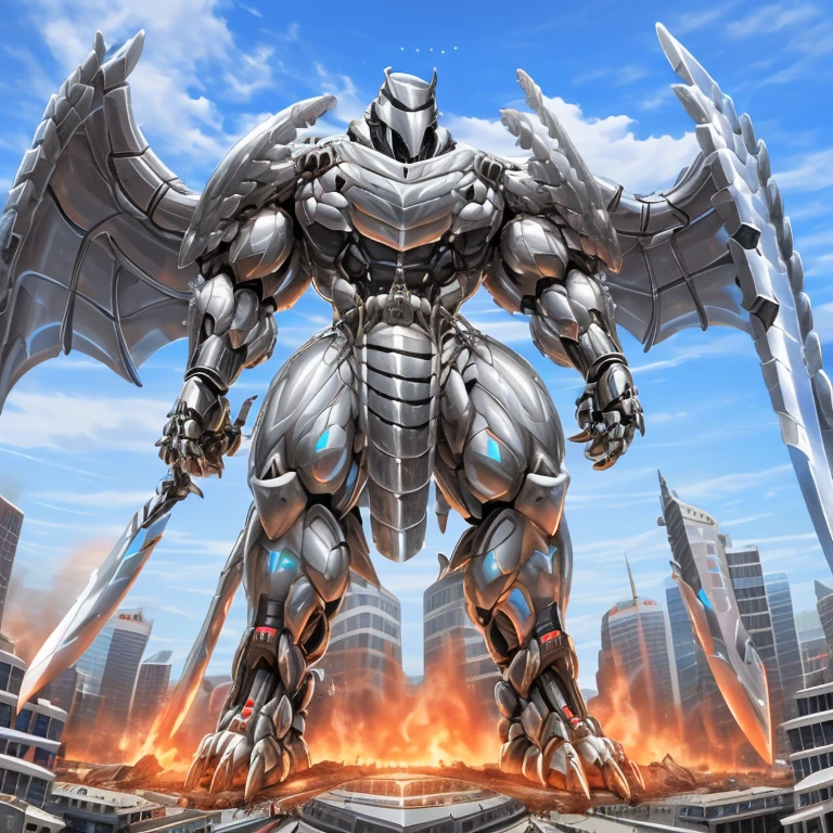 (masterpiece. official art. 8k. best quality. detailed full body. full body.)

(situation 1 : dominating Silver Samurai. Silver Samurai is over 1000 meters long. focus GIANT mechanical Muscular Silver Samurai is trampling the city. Looking down. macro. stomp. Low-angle perspective. emphasizing the immense size.)

(situation 2 :smoke and flames rising from the destruction in the city)

(Additional details 1: wearing a full-face helmet. high-tech bio-mecha armor. real texture material. whole body shines like metal. Wearing cyberpunk mecha. emphasizes the muscles. suit fully made of metal. intricate armor. Robotic suit. suit fully made of metal. cyborg. Powered exoskeleton with the same design as Silver Samurai).

(Additional details 2: (Detailed head. Detailed Body. Detailed abs. gigantic muscles. HYPER MUSCLES. Gigachad Muscular. big muscle. pecs. triceps. traps. unusually developed muscular body. body full of huge muscles. showing off muscles. pectorales enormes. Exaggeratedly huge muscles. huge muscles. long legs.).

(Additional details 3: Spread wings. It has wings. have big wings. The claws are sharp. Sharp teeth. 5 toes.).

(Additional details 4: SILVER color hyper penis. hyper SILVER penis. big penis)

(Additional details 5: melee weapon, weapon, armor, plate armor, sword, floating weapon, anthro, knight, clothing, helmet, detailed background, white fur, claws,)

(Silver Samurai, full armor, cyborg, science fiction, combat helmet)
(robot, mecha, holding, holding armor, holding weapon,)