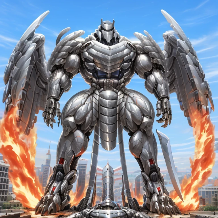 (masterpiece. official art. 8k. best quality. detailed full body. full body.)

(situation 1 : dominating Silver Samurai. Silver Samurai is over 1000 meters long. focus GIANT mechanical Muscular Silver Samurai is trampling the city. Looking down. macro. stomp. Low-angle perspective. emphasizing the immense size.)

(situation 2 :smoke and flames rising from the destruction in the city)

(Additional details 1: wearing a full-face helmet. high-tech bio-mecha armor. real texture material. whole body shines like metal. Wearing cyberpunk mecha. emphasizes the muscles. suit fully made of metal. intricate armor. Robotic suit. suit fully made of metal. cyborg. Powered exoskeleton with the same design as Silver Samurai).

(Additional details 2: (Detailed head. Detailed Body. Detailed abs. gigantic muscles. HYPER MUSCLES. Gigachad Muscular. big muscle. pecs. triceps. traps. unusually developed muscular body. body full of huge muscles. showing off muscles. pectorales enormes. Exaggeratedly huge muscles. huge muscles. long legs.).

(Additional details 3: Spread wings. It has wings. have big wings. The claws are sharp. Sharp teeth. 5 toes.).

(Additional details 4: SILVER color hyper penis. hyper SILVER penis. big penis)

(Additional details 5: melee weapon, weapon, armor, plate armor, sword, floating weapon, anthro, knight, clothing, helmet, detailed background, white fur, claws,)

(Silver Samurai, full armor, cyborg, science fiction, combat helmet)
(robot, mecha, holding, holding armor, holding weapon,)