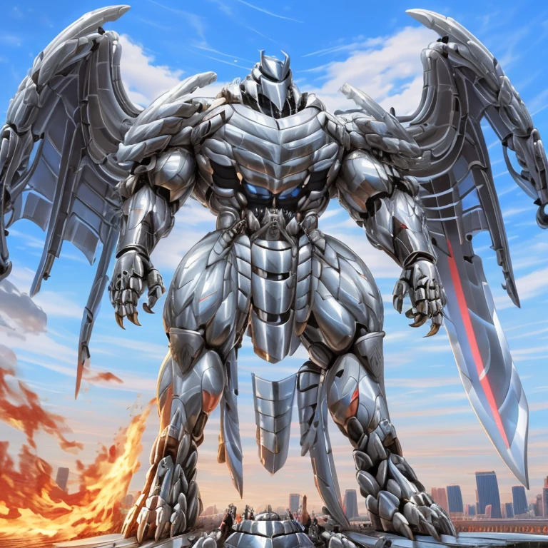 (masterpiece. official art. 8k. best quality. detailed full body. full body.)

(situation 1 : dominating Silver Samurai. Silver Samurai is over 1000 meters long. focus GIANT mechanical Muscular Silver Samurai is trampling the city. Looking down. macro. stomp. Low-angle perspective. emphasizing the immense size.)

(situation 2 :smoke and flames rising from the destruction in the city)

(Additional details 1: wearing a full-face helmet. high-tech bio-mecha armor. real texture material. whole body shines like metal. Wearing cyberpunk mecha. emphasizes the muscles. suit fully made of metal. intricate armor. Robotic suit. suit fully made of metal. cyborg. Powered exoskeleton with the same design as Silver Samurai).

(Additional details 2: (Detailed head. Detailed Body. Detailed abs. gigantic muscles. HYPER MUSCLES. Gigachad Muscular. big muscle. pecs. triceps. traps. unusually developed muscular body. body full of huge muscles. showing off muscles. pectorales enormes. Exaggeratedly huge muscles. huge muscles. long legs.).

(Additional details 3: Spread wings. It has wings. have big wings. The claws are sharp. Sharp teeth. 5 toes.).

(Additional details 4: SILVER color hyper penis. hyper SILVER penis. big penis)

(Additional details 5: melee weapon, weapon, armor, plate armor, sword, floating weapon, anthro, knight, clothing, helmet, detailed background, white fur, claws,)

(Silver Samurai, full armor, cyborg, science fiction, combat helmet)
(robot, mecha, holding, holding armor, holding weapon,)