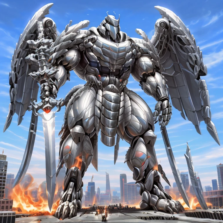 (masterpiece. official art. 8k. best quality. detailed full body. full body.)

(situation 1 : dominating Silver Samurai. Silver Samurai is over 1000 meters long. focus GIANT mechanical Muscular Silver Samurai is trampling the city. Looking down. macro. stomp. Low-angle perspective. emphasizing the immense size.)

(situation 2 :smoke and flames rising from the destruction in the city)

(Additional details 1: wearing a full-face helmet. high-tech bio-mecha armor. real texture material. whole body shines like metal. Wearing cyberpunk mecha. emphasizes the muscles. suit fully made of metal. intricate armor. Robotic suit. suit fully made of metal. cyborg. Powered exoskeleton with the same design as Silver Samurai).

(Additional details 2: (Detailed head. Detailed Body. Detailed abs. gigantic muscles. HYPER MUSCLES. Gigachad Muscular. big muscle. pecs. triceps. traps. unusually developed muscular body. body full of huge muscles. showing off muscles. pectorales enormes. Exaggeratedly huge muscles. huge muscles. long legs.).

(Additional details 3: Spread wings. It has wings. have big wings. The claws are sharp. Sharp teeth. 5 toes.).

(Additional details 4: SILVER color hyper penis. hyper SILVER penis. big penis)

(Additional details 5: melee weapon, weapon, armor, plate armor, sword, floating weapon, anthro, knight, clothing, helmet, detailed background, white fur, claws,)

(Silver Samurai, full armor, cyborg, science fiction, combat helmet)
(robot, mecha, holding, holding armor, holding weapon,)