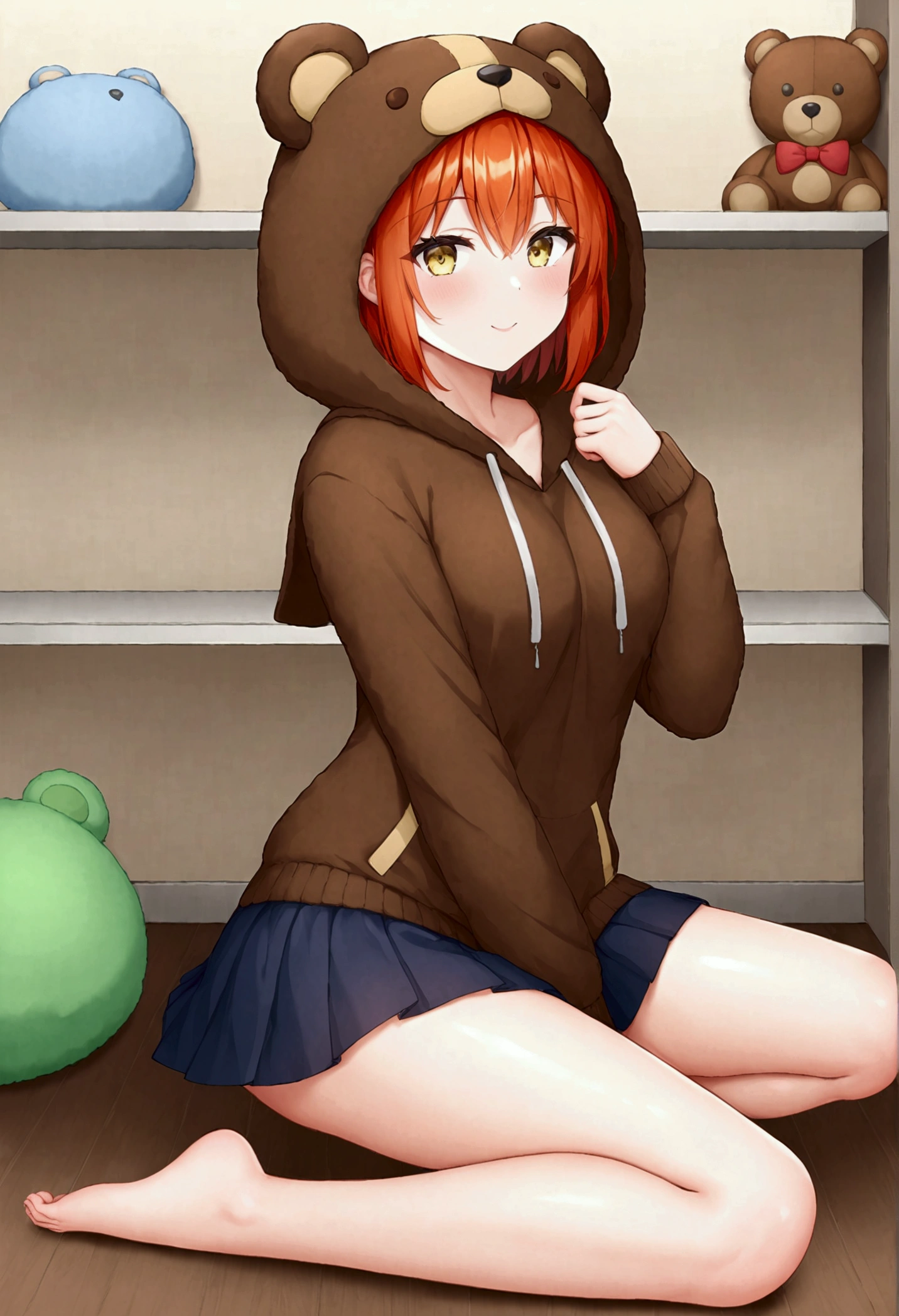 score_9_up, score_8_up, score_7_up, 1girl, solo, mature female, Nobara Kugisaki, brown bob hair, brown eyes, pink lips, parted lips, fit slim body, perfect medium erected breast, (((grey hoodie, black tight thong, long white socks))), (((modern open space kitchen, with panoramic windows))), looking at the viewer, perfect model body, sitting on the table top with spread legs, touching her lips with her fingers, seductive look