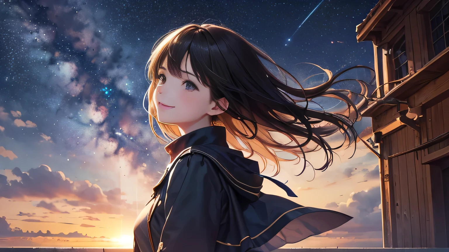 hills the sunset over the city. birds flying, autumn, fall colors, trees leaves, sky with stars, prussian blue sky colors cobalt blue purple cyan. planets, giant saturn seen near the earth, huge half moon, bright stars, shooting stars, windblown gorges, a pretty girl,