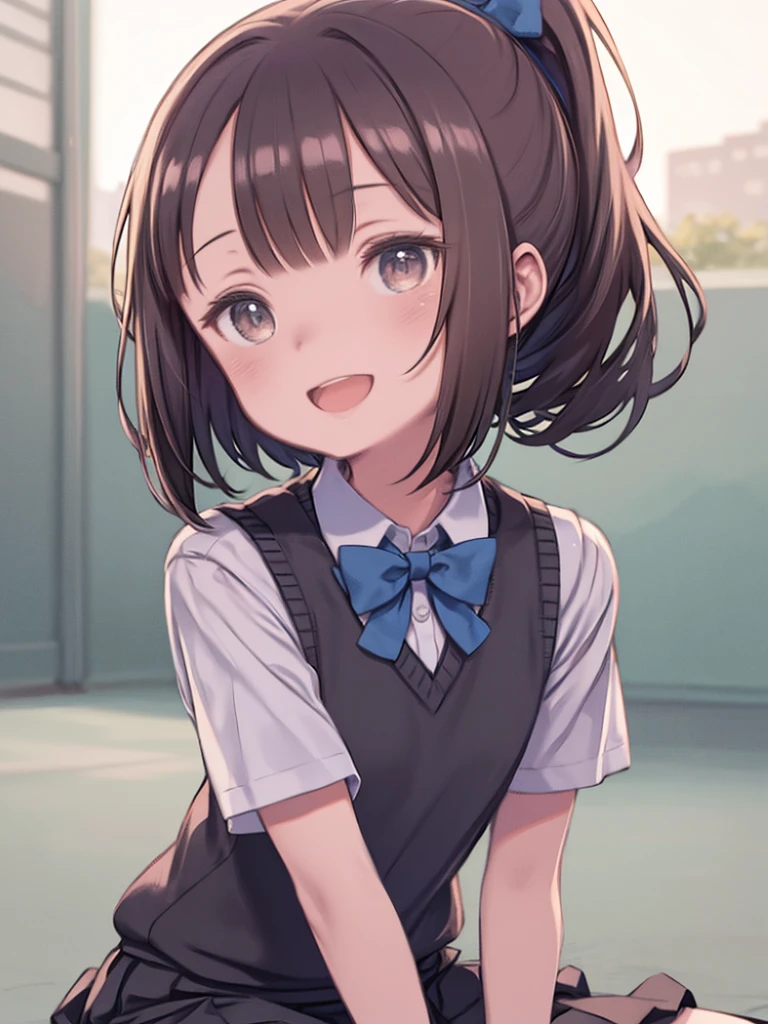 looking ahead,from above,slouch,handjob,side view,face focus,open mouth,tongue out,cum on tongue,Licking a white dildo,(1girl,Beautiful 14 year old girl),((Slender,Small breasts,Baby Face,Small face,)),looking at viewer,Black Hair,bangs,two side up,Gray Eyes,Drooping eyes,slit pupils,narrow eyes,,Short sleeve shirt,Grey checked tie,Grey checked mini skirt,Navy blue socks,Beautiful and detailed anime art,Mischievous smile,Dimly lit room,Simple Background,Gray background,Low lighting