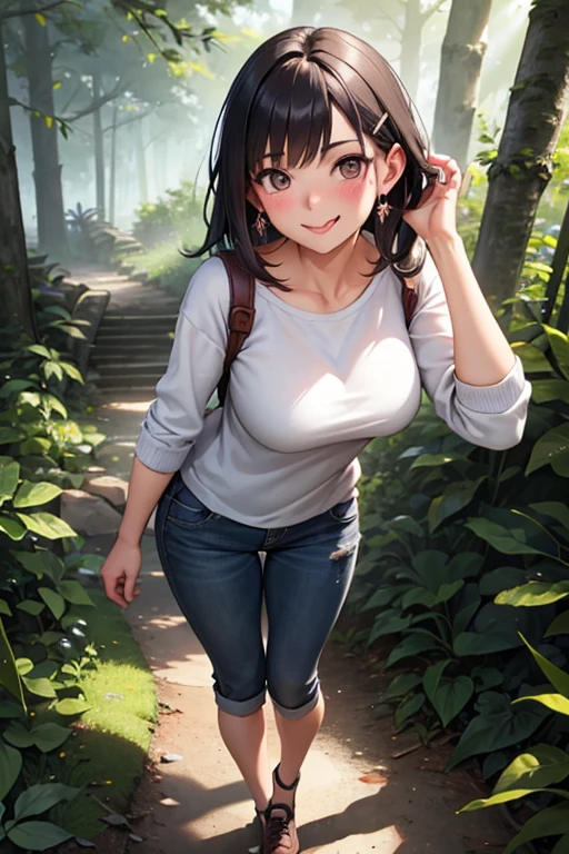 1 girl, Stick out your tongue, big breasts, heart shaped earrings, blush, smile, happy, smile ligera, Keep with the mouth, foreground, Hair clip, animated style, high resolution, necessary, Anatomically correct, the best quality, High details, "Create a realistic animated image in style 2.5D of a girl walking through a forest from a second person perspective. The viewer sees her from behind from a slight angle., as if walking one step behind her. Lucy is a self-confident and mischievous young woman, with a sharp and playful expression. She has a lot of time, Dark hair flowing with every step and wearing casual clothes, slightly disheveled clothes.. The forest that surrounds it is lush and with tall trees., Filtered sunlight and a soft dirt path underfoot. The scene must be animated and real, and combine realism with an aesthetic 2.5D elegant and vibrant.spark, 