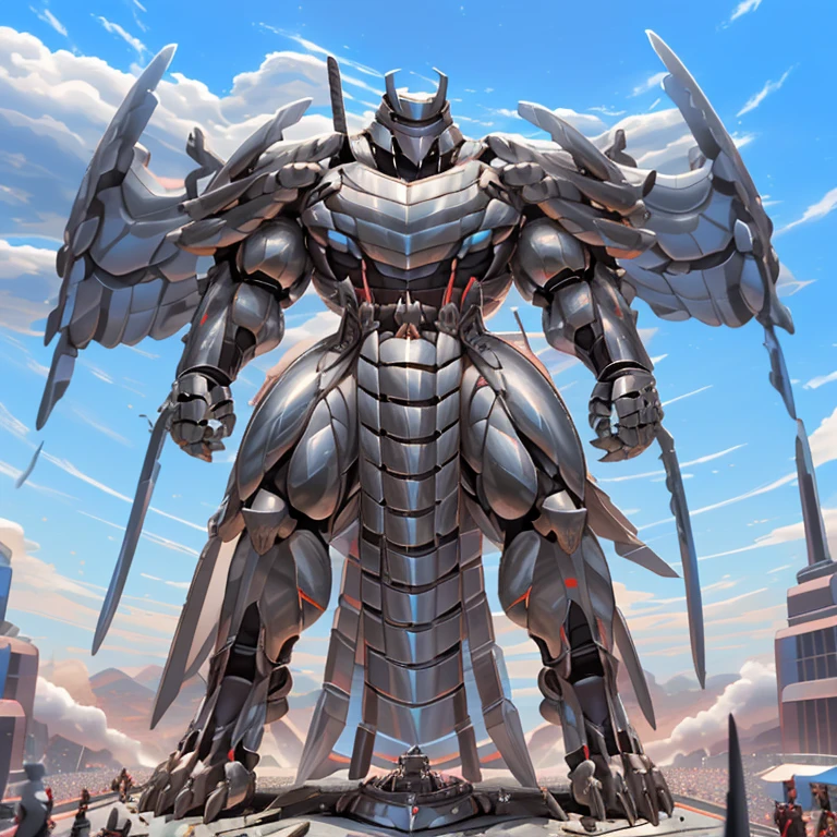 (masterpiece. official art. 8k. best quality. detailed full body. full body.)

(situation 1 : dominating Silver Samurai. Silver Samurai is over 1000 meters long. focus GIANT mechanical Muscular Silver Samurai is trampling the city. Looking down. macro. stomp. Low-angle perspective. emphasizing the immense size.)

(situation 2 :smoke and flames rising from the destruction in the city)

(Additional details 1: wearing a full-face helmet. high-tech bio-mecha armor. real texture material. whole body shines like metal. Wearing cyberpunk mecha. emphasizes the muscles. suit fully made of metal. intricate armor. Robotic suit. suit fully made of metal. cyborg. Powered exoskeleton with the same design as Silver Samurai).

(Additional details 2: (Detailed head. Detailed Body. Detailed abs. gigantic muscles. HYPER MUSCLES. Gigachad Muscular. big muscle. pecs. triceps. traps. unusually developed muscular body. body full of huge muscles. showing off muscles. pectorales enormes. Exaggeratedly huge muscles. huge muscles. long legs.).

(Additional details 3: Spread wings. It has wings. have big wings. The claws are sharp. Sharp teeth. 5 toes.).

(Additional details 4: SILVER color hyper penis. hyper SILVER penis. big penis)

(Additional details 5: melee weapon, weapon, armor, plate armor, sword, floating weapon, anthro, knight, clothing, helmet, detailed background, white fur, claws,)

(Silver Samurai, full armor, cyborg, science fiction, combat helmet)
(robot, mecha, holding, holding armor, holding weapon,)