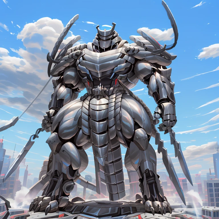 (masterpiece. official art. 8k. best quality. detailed full body. full body.)

(situation 1 : dominating Silver Samurai. Silver Samurai is over 1000 meters long. focus GIANT mechanical Muscular Silver Samurai is trampling the city. Looking down. macro. stomp. Low-angle perspective. emphasizing the immense size.)

(situation 2 :smoke and flames rising from the destruction in the city)

(Additional details 1: wearing a full-face helmet. high-tech bio-mecha armor. real texture material. whole body shines like metal. Wearing cyberpunk mecha. emphasizes the muscles. suit fully made of metal. intricate armor. Robotic suit. suit fully made of metal. cyborg. Powered exoskeleton with the same design as Silver Samurai).

(Additional details 2: (Detailed head. Detailed Body. Detailed abs. gigantic muscles. HYPER MUSCLES. Gigachad Muscular. big muscle. pecs. triceps. traps. unusually developed muscular body. body full of huge muscles. showing off muscles. pectorales enormes. Exaggeratedly huge muscles. huge muscles. long legs.).

(Additional details 3: Spread wings. It has wings. have big wings. The claws are sharp. Sharp teeth. 5 toes.).

(Additional details 4: SILVER color hyper penis. hyper SILVER penis. big penis)

(Additional details 5: melee weapon, weapon, armor, plate armor, sword, floating weapon, anthro, knight, clothing, helmet, detailed background, white fur, claws,)

(Silver Samurai, full armor, cyborg, science fiction, combat helmet)
(robot, mecha, holding, holding armor, holding weapon,)