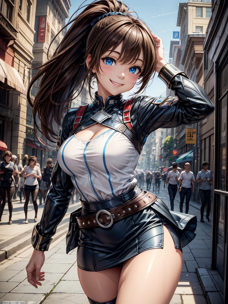 Ultra-high resolution CG Unity 8K wallpaper, Beautiful Features、((Brown Hair、ponytail: 1. 5)), ((blue eyes:1.3)), ((smile:1.4)), Shiny and smooth hair, Thick bangs、Beautiful and sophisticated eyes、masterpiece、Best Quality, , Accurate Fingers, Anatomically correct, 
break、
((Race Queen:1.2)), ((Model pose)), Costumes with logos、mini skirt、Pencil Skirt、Waist belt、Outdoor、circuit、Racing Car、