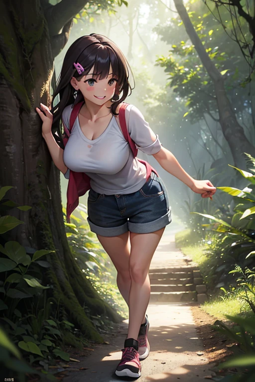 1 girl, Stick out your tongue, big breasts, heart shaped earrings, blush, smile, happy, smile ligera, Keep with the mouth, foreground, Hair clip, animated style, high resolution, necessary, Anatomically correct, the best quality, High details, "Create a realistic animated image in style 2.5D of a girl walking through a forest from a second person perspective. The viewer sees her from behind from a slight angle., as if walking one step behind her. Lucy is a self-confident and mischievous young woman, with a sharp and playful expression. She has a lot of time, Dark hair flowing with every step and wearing casual clothes, slightly disheveled clothes.. The forest that surrounds it is lush and with tall trees, Filtered sunlight and a soft dirt path underfoot. The scene must be animated and real, and combine realism with an aesthetic 2.5D elegant and vibrant.spark, 