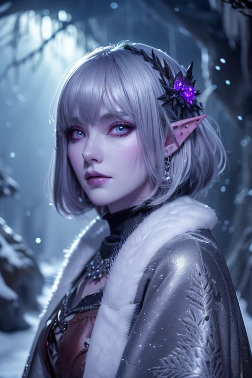 (Ultra-detailed face, looking away, Fantasy Illustration with Gothic, Ukiyo-e, Comic Art), 
BREAK 
(FrozenSilver: This is a jungle in the snowfield, and the details are as follows. Huge dense glistening ice trees, frozen forest trees, ice crystals glowing like stars, stardust glowing red like fireworks, fierce snowstorms, forest trees hazed by snow plumes), 
BREAK 
(DarkElves: A middle-aged dark elf woman with silver color hair, blunt bangs, bob cut sexy and dark purple color skin, lavender color eyes), (DarkElves: She wears a coat made of fur and bird feathers and leather boots), ice scenery with an ice dragon on the side
