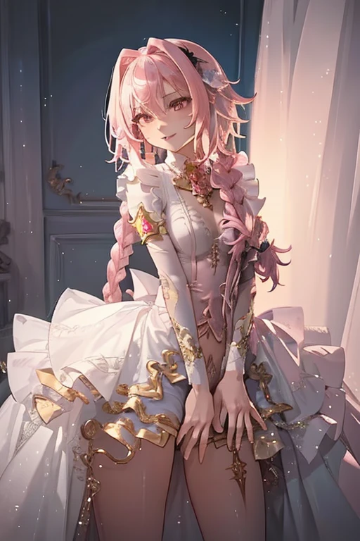 Ultra-detailed illustrations, masterpiece、Highest quality, ((masterpiece)), ((best quality)), (detailed), astolfo, Beautiful, Beautiful and slim perfect body, Beautiful body, slim body, flat chest, not breasts, very sexy smile, sexy smile, femboy, boy, bright pink hair, very high ponytail, really spiky hair, messy hair, short hair, a long braid, lock of white hair on left side, perfect, solo, gorgeous femenine person, one piece dress, really long opened dress, really long dress, really long opened dress, really long opened dress from chest, really long gala dress, really long open gala dress, really long dress without shoulder, small bulge, thong bulge, bikini bulge, luscious lips, long hair, not breasts, sexy, mini skirt, seda skirt, black thong, high heels, not female in picture, photo pose, mini thong, long braid, femboy, Walking, happy, sexy, micro thong, cute bulge, micro crop top, sexy mini skirt, sexy pose, not penis, not nipples, only astolfo, picture of all body, pink hair, formal blouse, happy smile, long latex gloves, bikini bulge, golden dress, high heels, close legs, not open legs