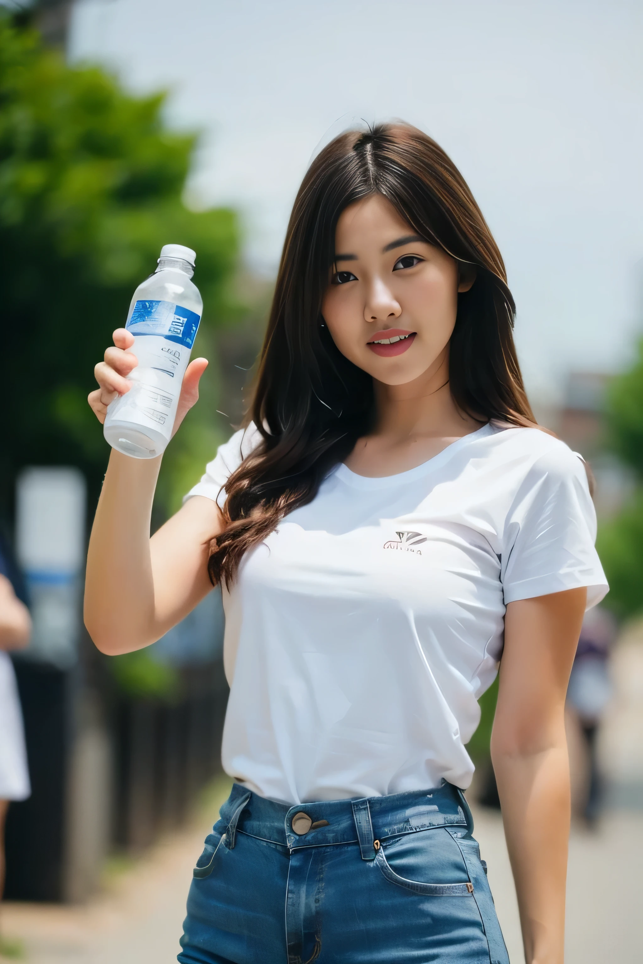 1 girl, wearing a white t-shirt and long jeans, standing and posing holding a plastic water bottle, close-up photo, sky background, sunlight flare in front, blurred background