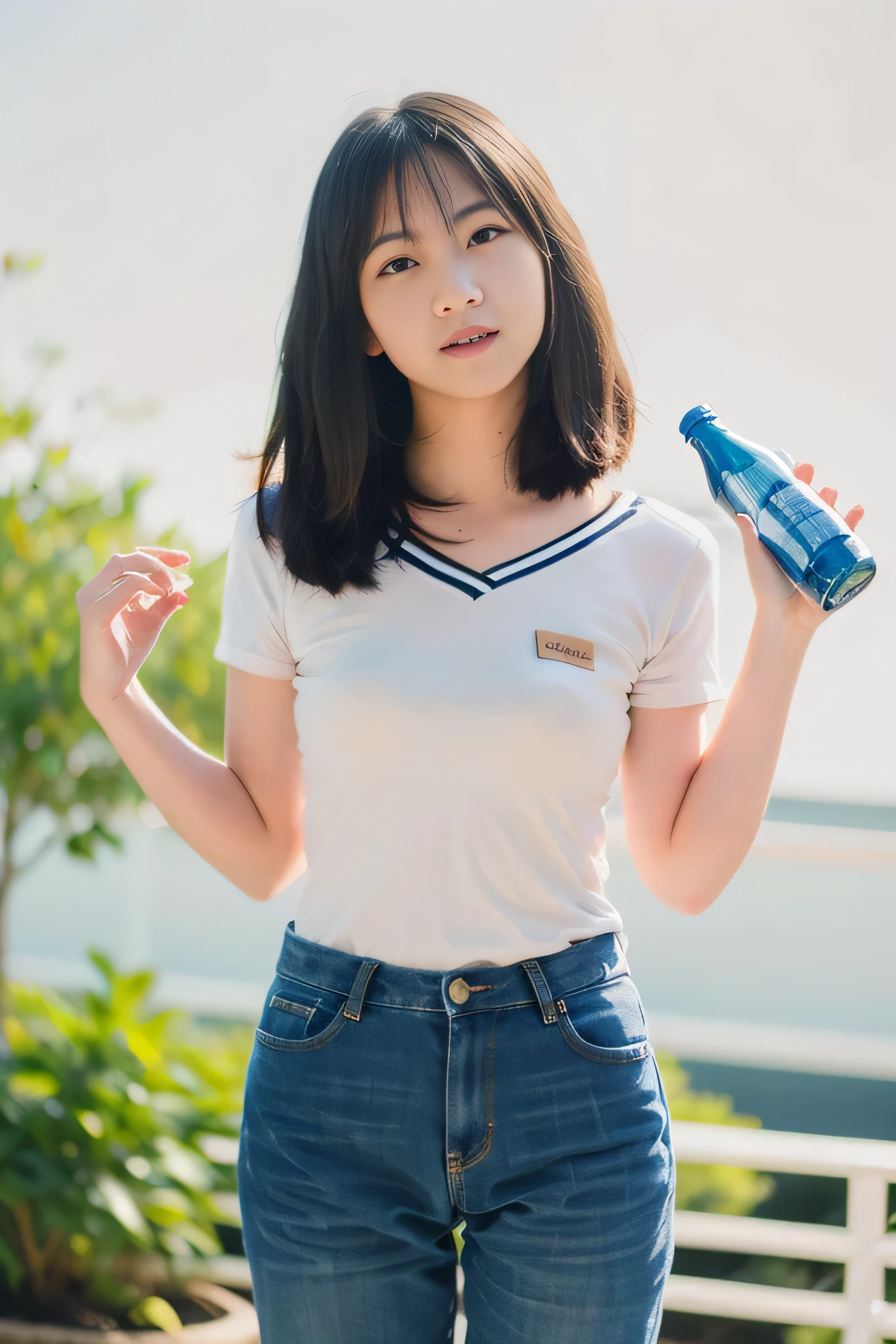 1 girl, wearing a white t-shirt and long jeans, standing and posing holding a plastic water bottle, close-up photo, sky background, sunlight flare in front, blurred background