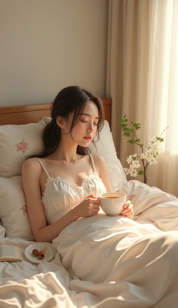 Beautiful Japanese in bed, Wear underwear, Looks a little sick