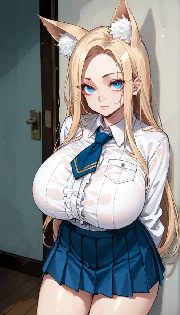 Cold Stare,(high quality,High resolution),(Fox Ears),(forehead,目の上にLong Hair),((((Long, narrow eyes)))),((Side parted hair)),((Rectangular face)),((Huge breasts)),(((Very narrow eyes)))((,Clear Eyes,Perfect Eyes,Clear lines)),blonde,Long Hair,Old room,Magic School Uniform,Delinquent Girl,Gal,mini skirt, Clothes are exposed,((anime))