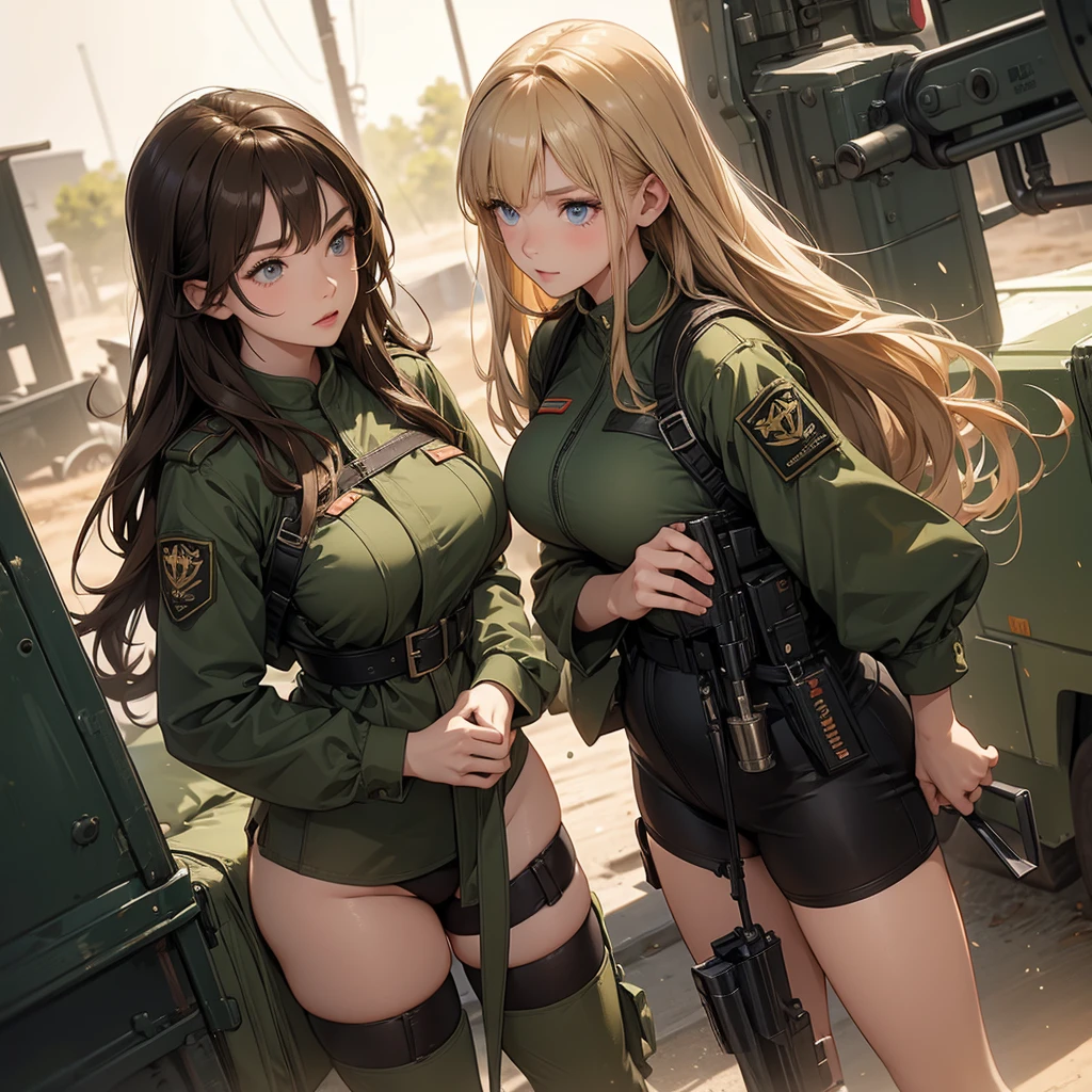 ((highest quality)), ((masterpiece)), (be familiar with), (High definition), 8K, (Accurate), (Realistic), Perfect Face, Cinematic, Best Shadow, (Complex:1.4), 2人のCat ear金髪女性, tall, Cat ear, Blonde Long Hair, Voluminous hair set, Big cleavage, Narrow waist, Big Ass, glamorous, Alluring, Bikini Protector、tactical suit、Combat Boots、Armament、Decadent future world, NEO TOKYO, Two people sitting on top of a large tank and drinking alcohol, (smile), Cherry Blossom Viewing, Cherry tree