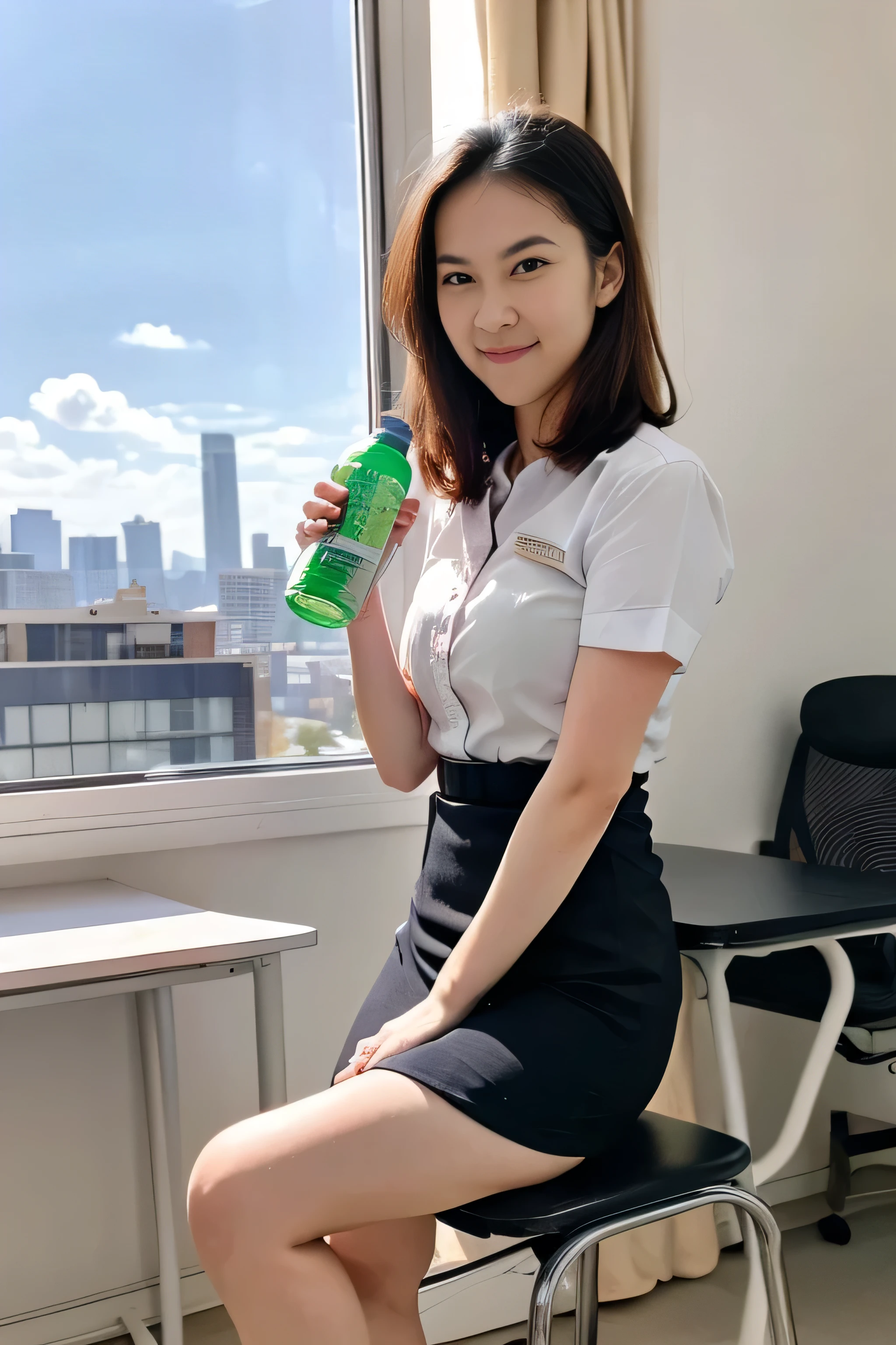 1 girl, masterpiece, wearing a gray office dress, model holding a water bottle, sitting in an office chair, having a desk, in the office, background is a view of a building and sky, there is sunlight coming into the office.