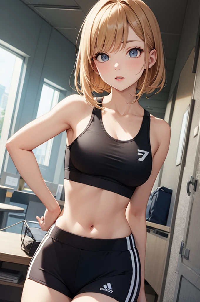 (realistic photo shot in a dark studio), (medium full body shot), (20 year old girl sexy poses in the gym), sports leggings, sports bra, beautiful detailed face, supermodel, (skinny and fit body:1.1), small breasts, pale skin, detailed long blond hair, heavy makeup, (realistic glistening skin), masterpiece, best quality, high resolution scan, (photo by Canon 5d, 50mm ZEISS lens), hourglass proportions, (8k uhd, hdr, dof), (professionally color graded), sharp focus, rim lighting, dimly lit, two tone lighting, dark,