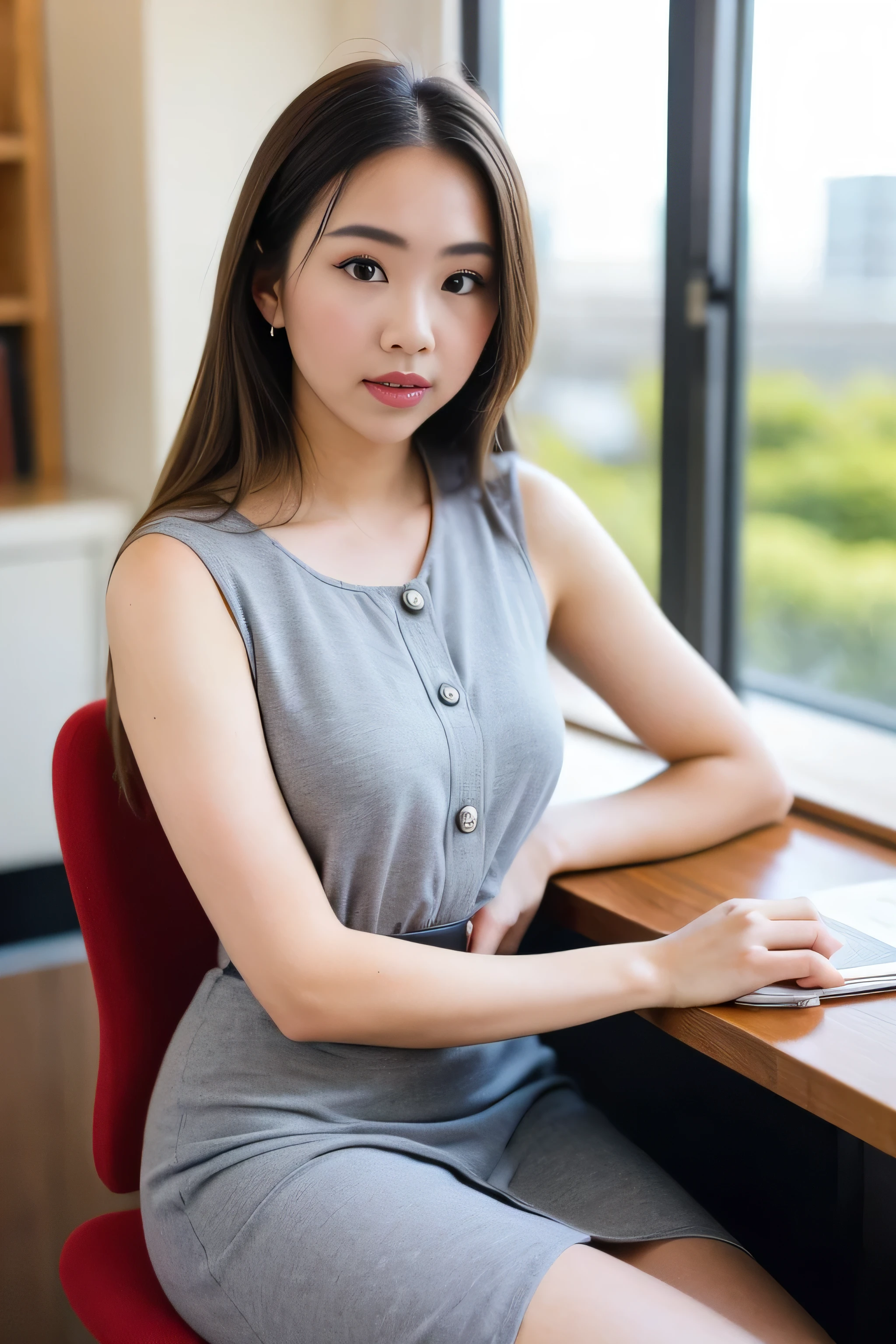 1 girl, close-up, masterpiece, wearing a gray office dress, model posing holding a water bottle, sitting in an office chair, with a desk, in an office, background with a view of a building and sky, with sunlight entering the office.