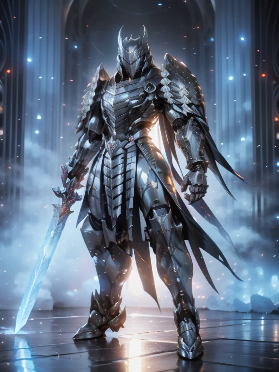 Character design, 1 girl,, slim body, medium chest, skinny waist, ((long deep red hair)). blue eyes. (((ice blue fantasy a female knight in a full armor))), (((big pauldrons, intricate details))), (((large black cape))), (((advanced weapon fantasy plasma sword in right hand))), (standing), in a walled city, masterpiece, HD high quality, 8K ultra high definition, ultra definition,